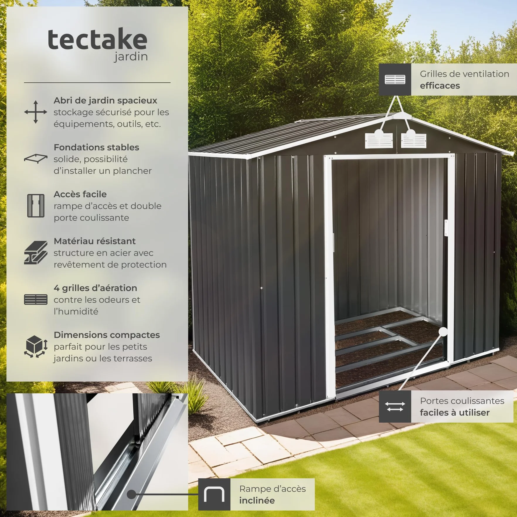tectake® Abri de Jardin en métal 4.2m³, Cabane de Jardin à Outils, Toiture 2 pans avec Fondation, Rangement et Stockage extérieurs Moto Vélo Tondeuse Brouette Outils de Jardinage, 214 x 130 x 185 cm