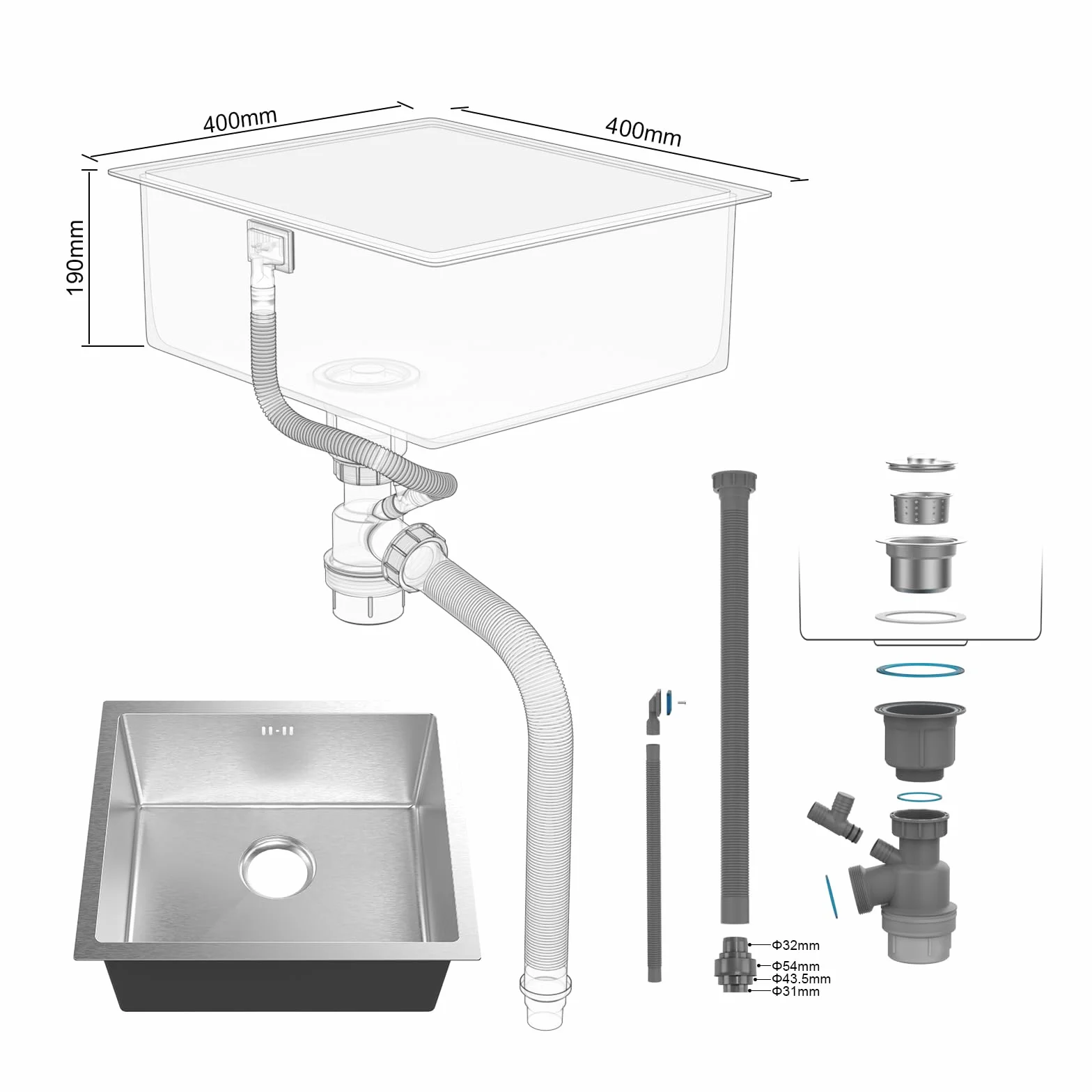 Ibergrif M84040 Évier de Cuisine 1 Bac Acier Inoxydable 40x40 cm Argent