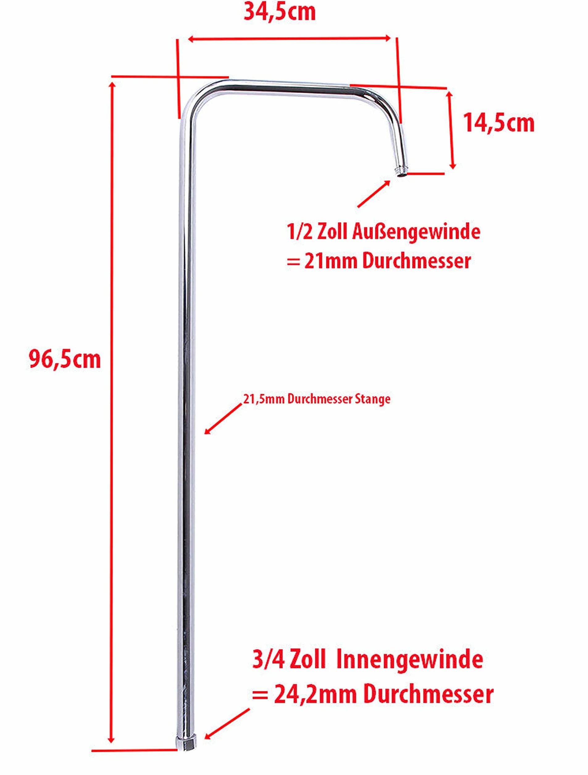Tube montant 96 cm filetage intérieur 3/4" extérieur 1/2" douche extension 34,5 cm