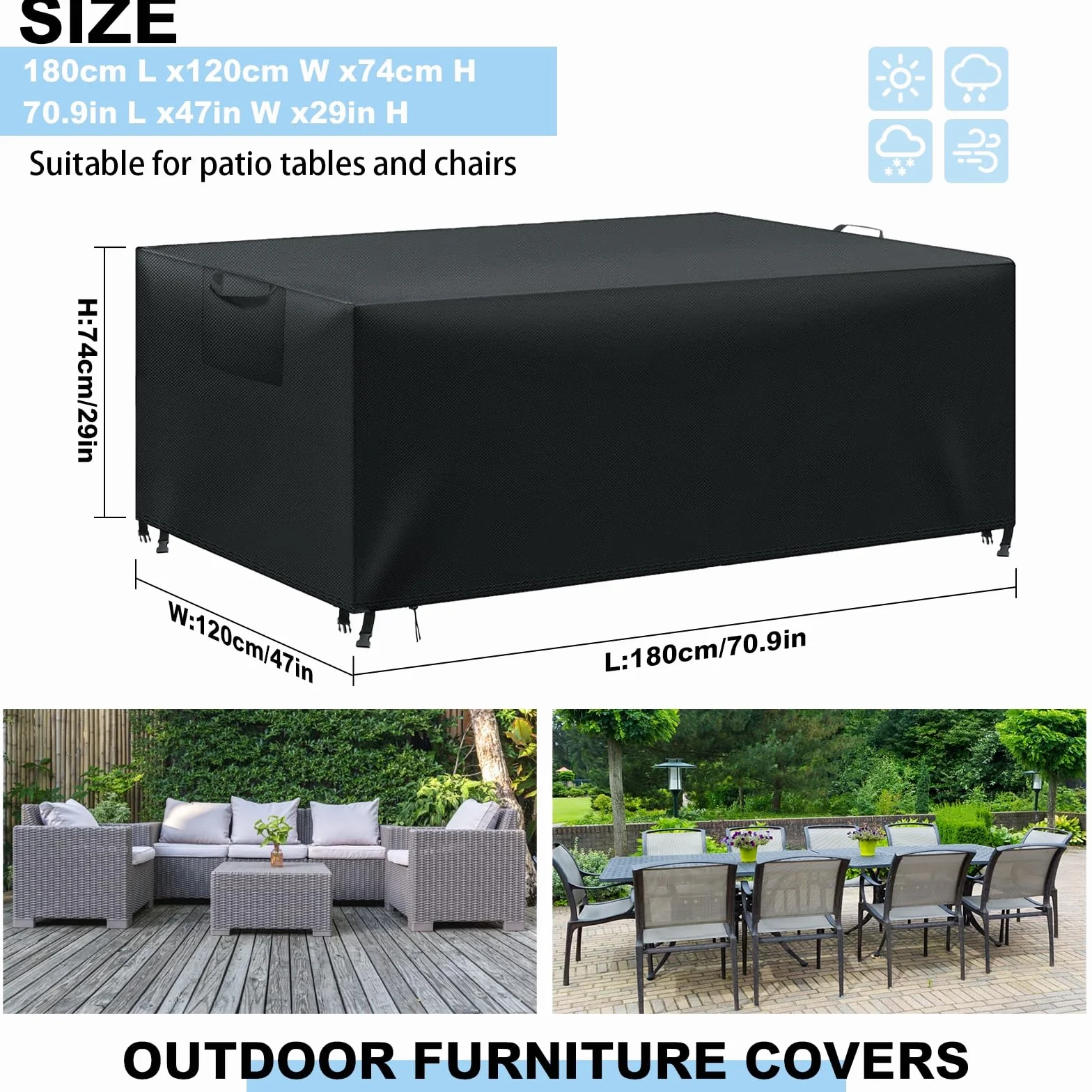 Housse Table de Jardin, Housse Salon de Jardin Exterieur, Housses pour Mobilier de Jardin Imperméable Anti-UV, 420D Tissu Oxford Housse de Protection Salon de Jardin, Noir, 180x120x74 cm