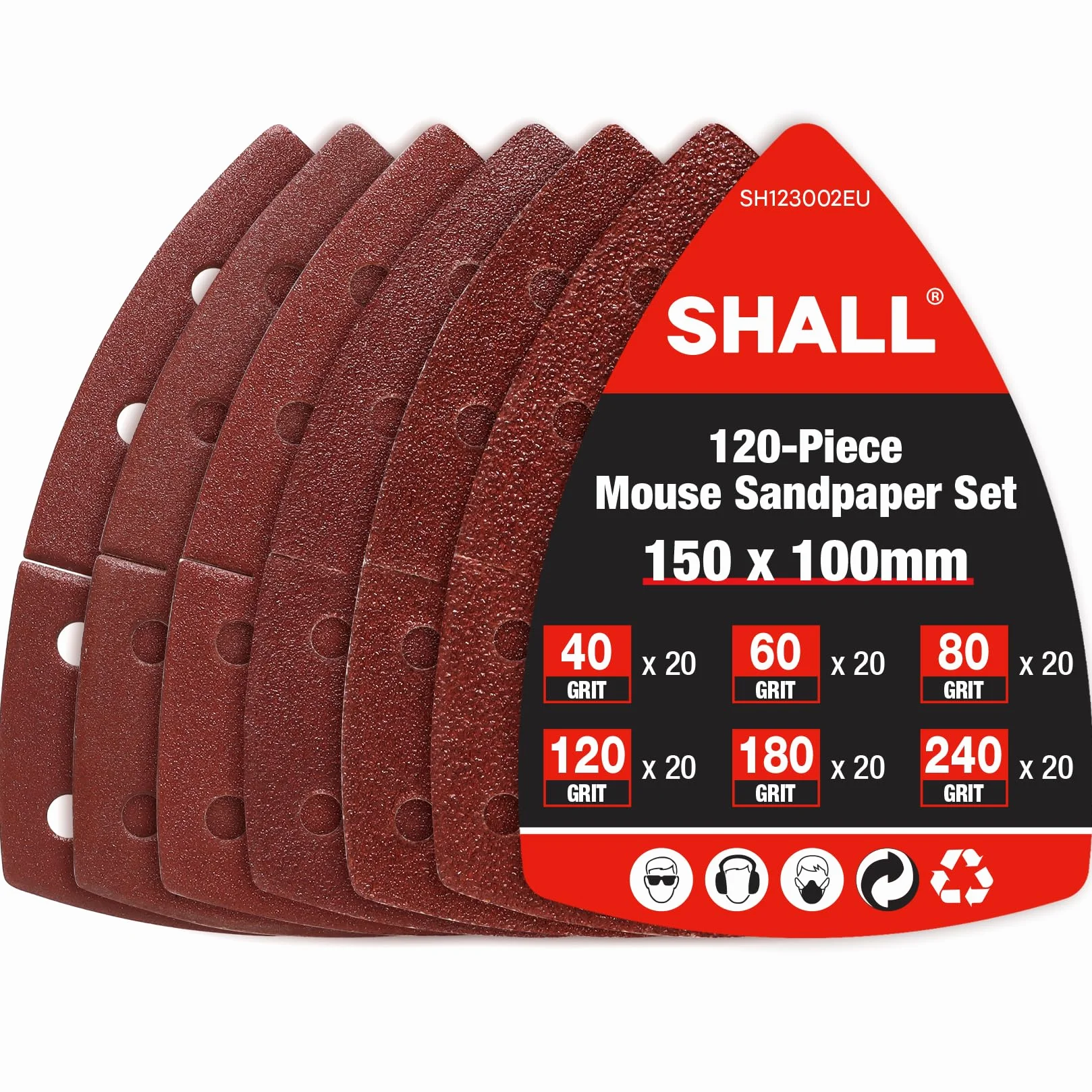 SHALL Lot 120 feuilles abrasives triangulaires 105x152 mm ponceuse multifonctions grains 40-240