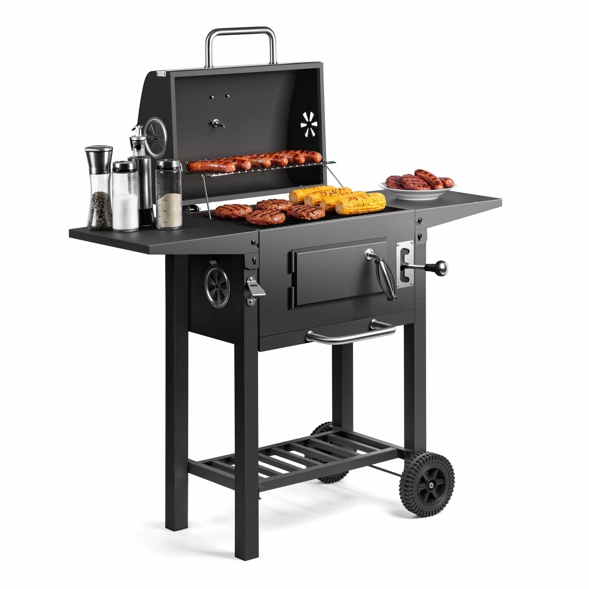 VonHaus Barbecue au Charbon – Barbecue avec Grille Chauffante, Hauteur Réglable, Thermomètre – Portable, Bac à Cendres, Étagère, 2 Tables Latérales Pliables, Roues – Viande, Poisson & Légumes