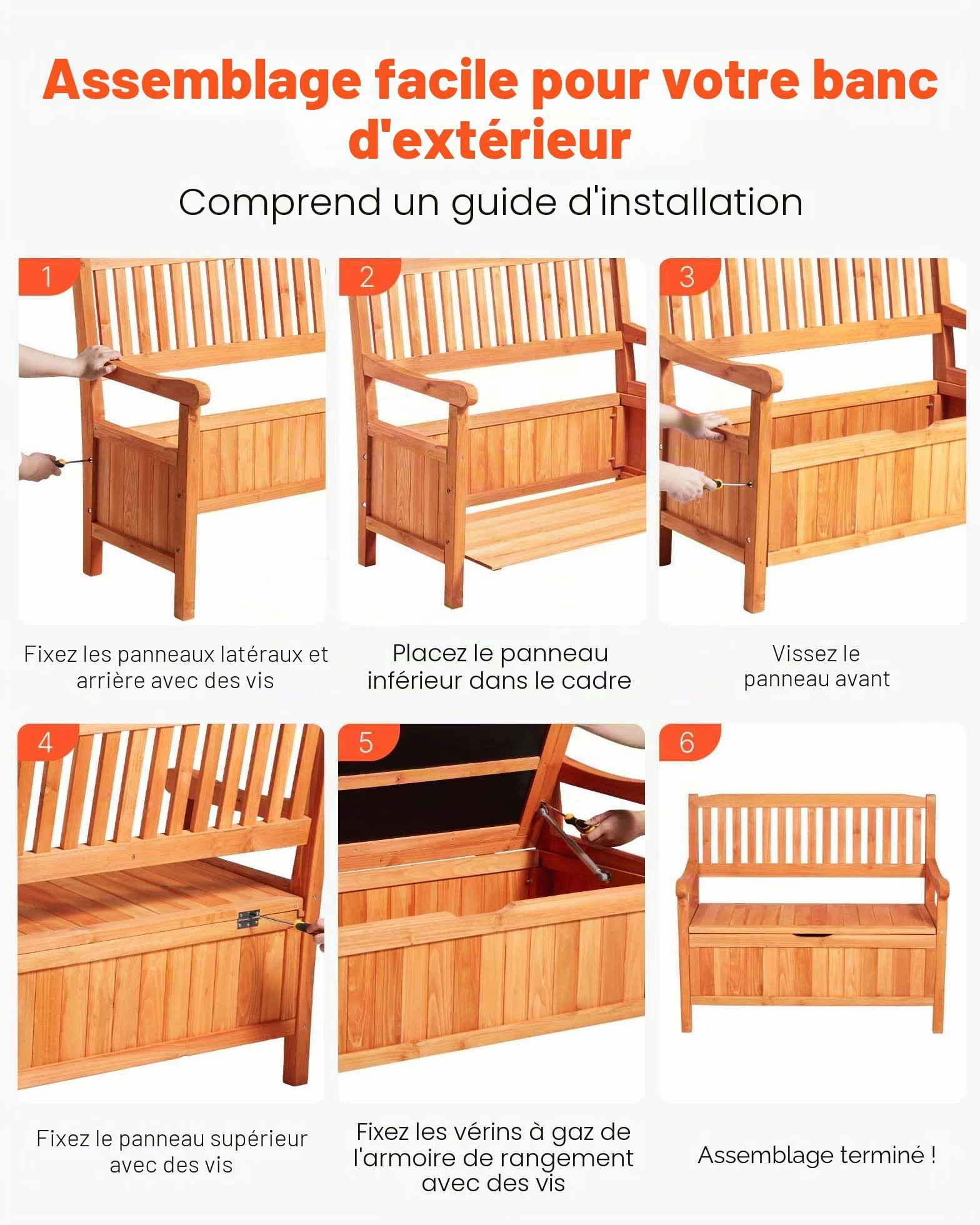 VEVOR Banc de Rangement Extérieur en Bois Coffre de Jardin 125 L 2 en 1 avec Poignée Latérale, Capacité de Charge 319,8 kg