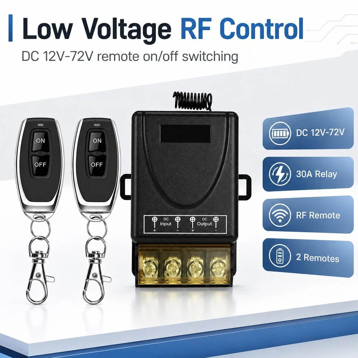 Télécommande sans fil RF 30A DC 8V-80V Relais Interrupteur universel 433Mhz 12V/24V