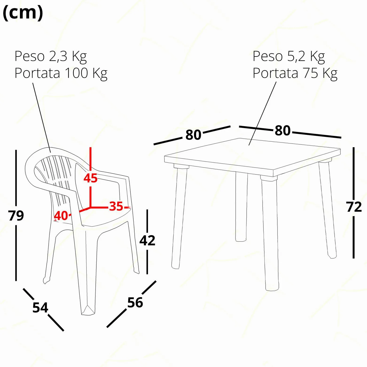 Sicignano - Lot de 4 fauteuils Ratak avec table carrée week-end 80 x 80 cm - polypropylène empilable avec accoudoirs facile à installer, mobilier intérieur extérieur jardin fabriqué en Italie