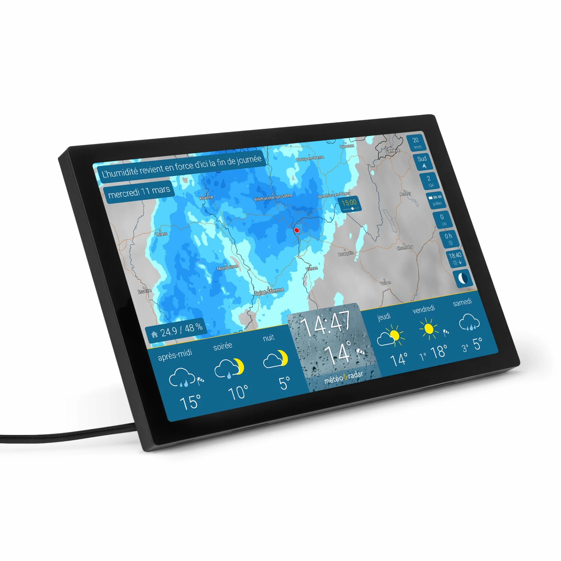 Station météo Wi-Fi avec radar météo, écran grand, alertes intempéries, prévisions 14 jours