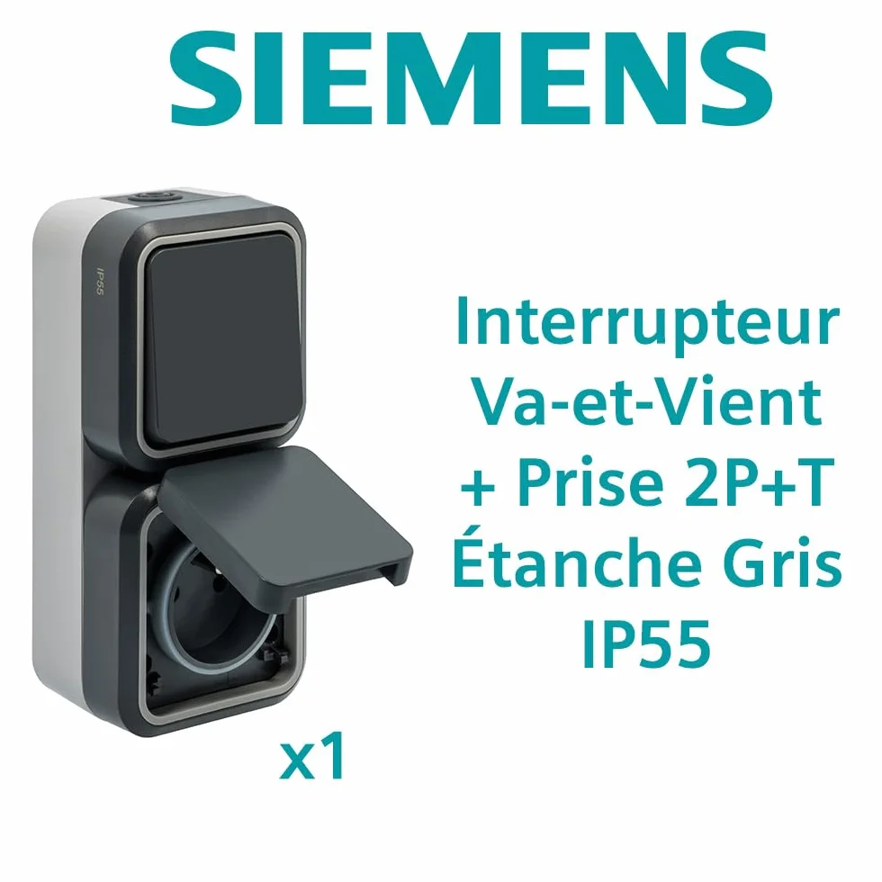 SIEMENS Interrupteur Va-et-Vient avec Prise 2P+T Étanche Gris IP55 Pose en Saillie