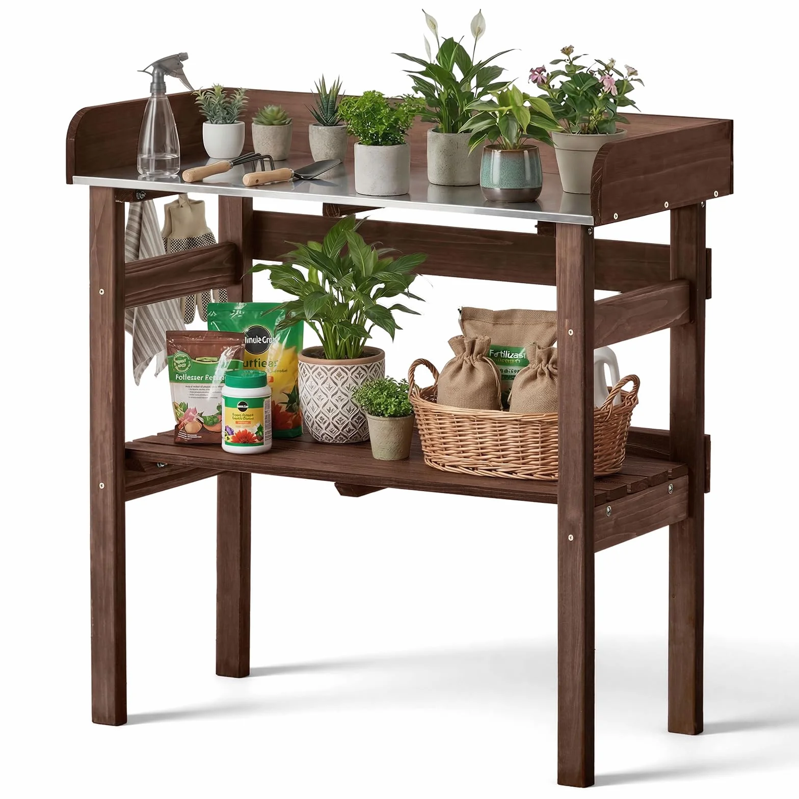 VEVOR Table de Rempotage à 2 Niveaux Table de Jardinage 78x38x82 cm pour Plantation d'Extérieur sur Terrasse Jardin sur Balcon, avec Étagères de Rangement, Plan de Travail en Métal Galvanisé, Marron