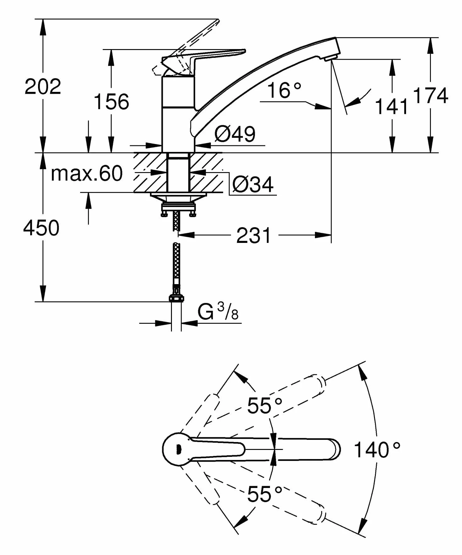 GROHE StartEco Mitigeur Monocommande Évier, Robinet Cuisine, Bec Bas, Rotation 140°, Chromé