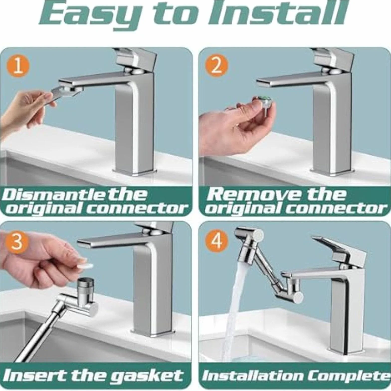 Extension de robinet rotative universel à bras robotique, double mode, noir pour cuisine et salle de bain