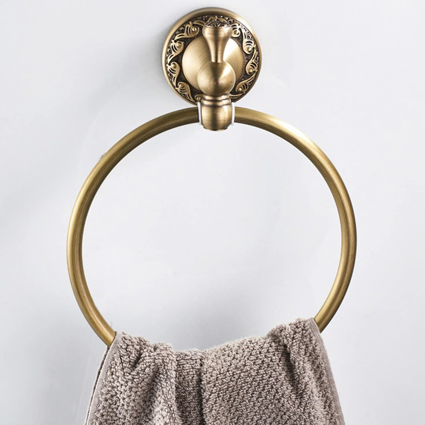 Porte Serviette Rond Laiton Antique avec Motif Exquis Carving Mural Salle de Bain, Bronze Brossé