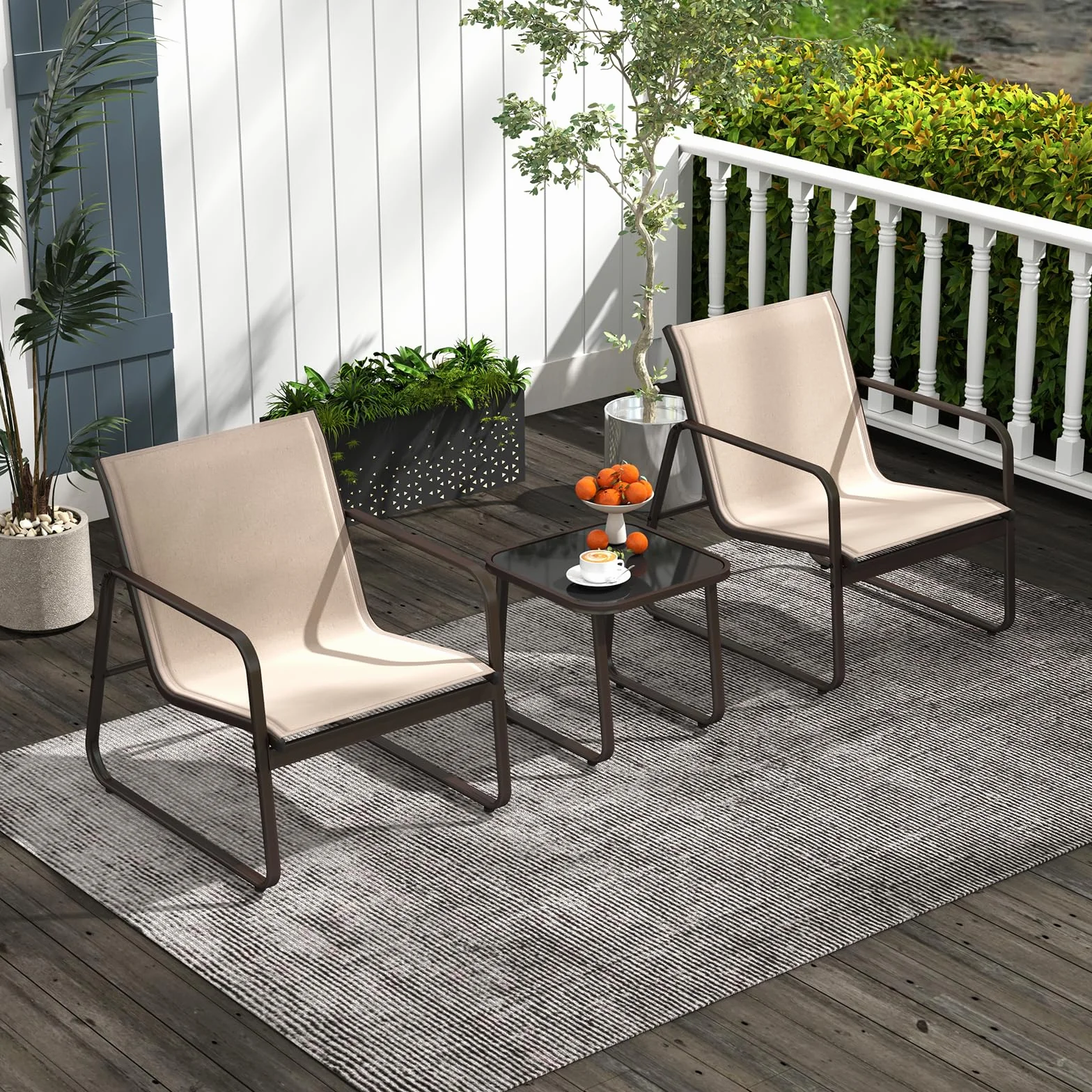 GOPLUS Salon de Jardin 2 Personnes, 3 Pièces Table Basse avec 2 Fauteuils, Cadre Métallique