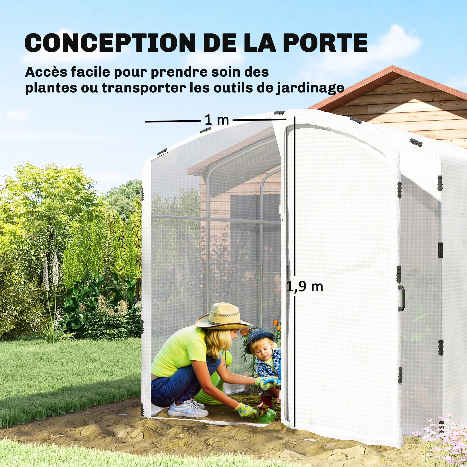 Outsunny Serre Tunnel de Jardin 6m², Serre de Jardin Tunnel 300x200x195cm bâche PE 220g/m², Bords prolongés 50 cm, avec Porte, pour extérieur, Toutes Saisons, légumes, Fruits, Fleurs, Blanc