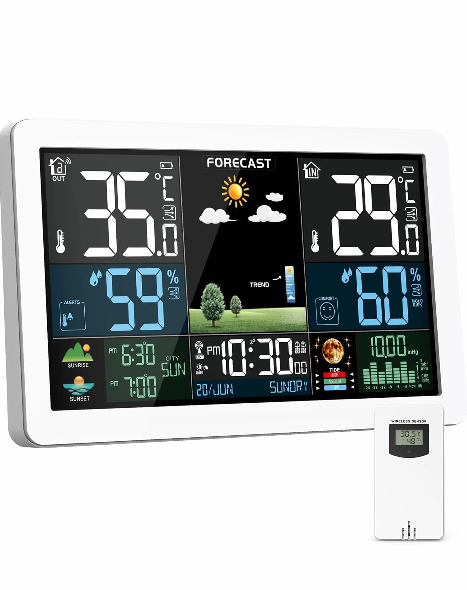 Station Météo Intérieur Extérieur Sans Fil Écran Couleur Prévisions Capteur Extérieur Baromètre Radio-Réveil DCF Blanc