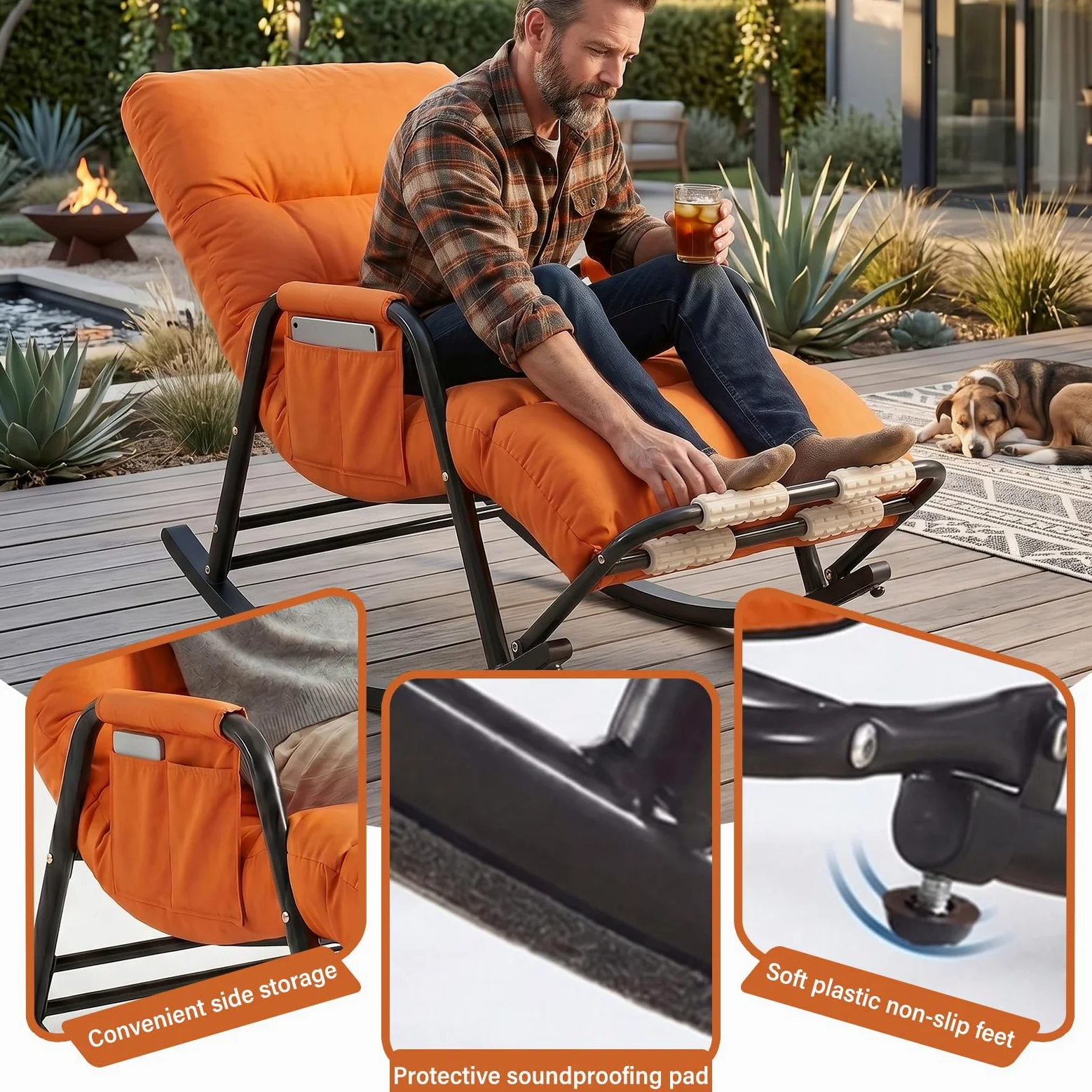 Fauteuil à Bascule Ergonomique, Rocking Chair Allaitement Silencieux avec Dossier et Repose-Jambes Réglables (5 Positions) et Repose-Pieds Massant, Chaise Relax en Cuir Anti-rayures, 150kg (Orange)
