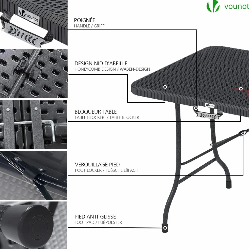 Ensemble Table Pliante et Bancs Pliables Camping 180cm HDPE Polyrotin 8 Places Noir