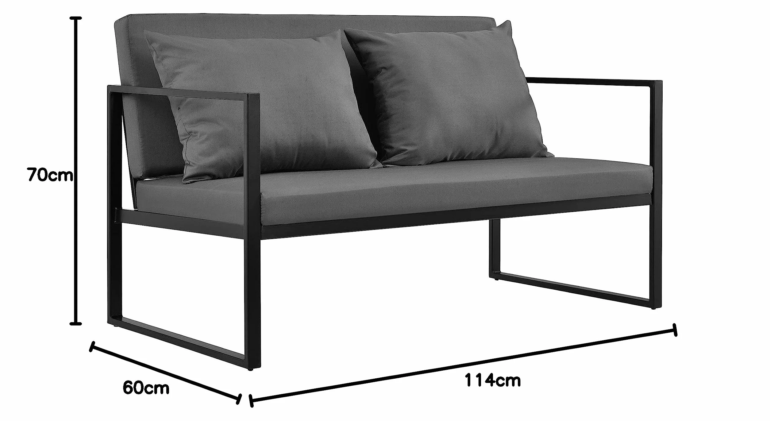 casa.pro Canapé Extérieur avec Coussins Armature Métal Polyester Noir 70 x 114 x 60 cm