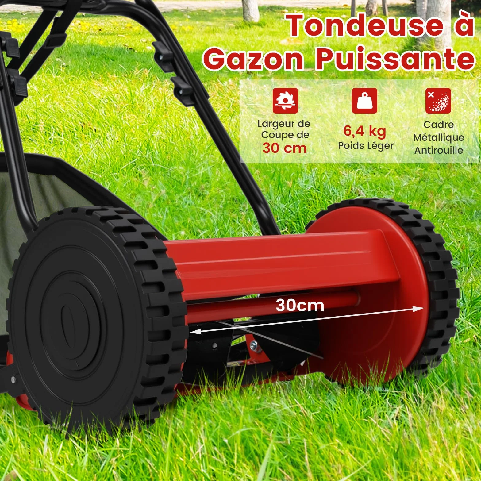 GOPLUS Tondeuse à Gazon Manuelle 18,5L Sac de Ramassage Lame Tranchante Coupe Hauteur Réglable
