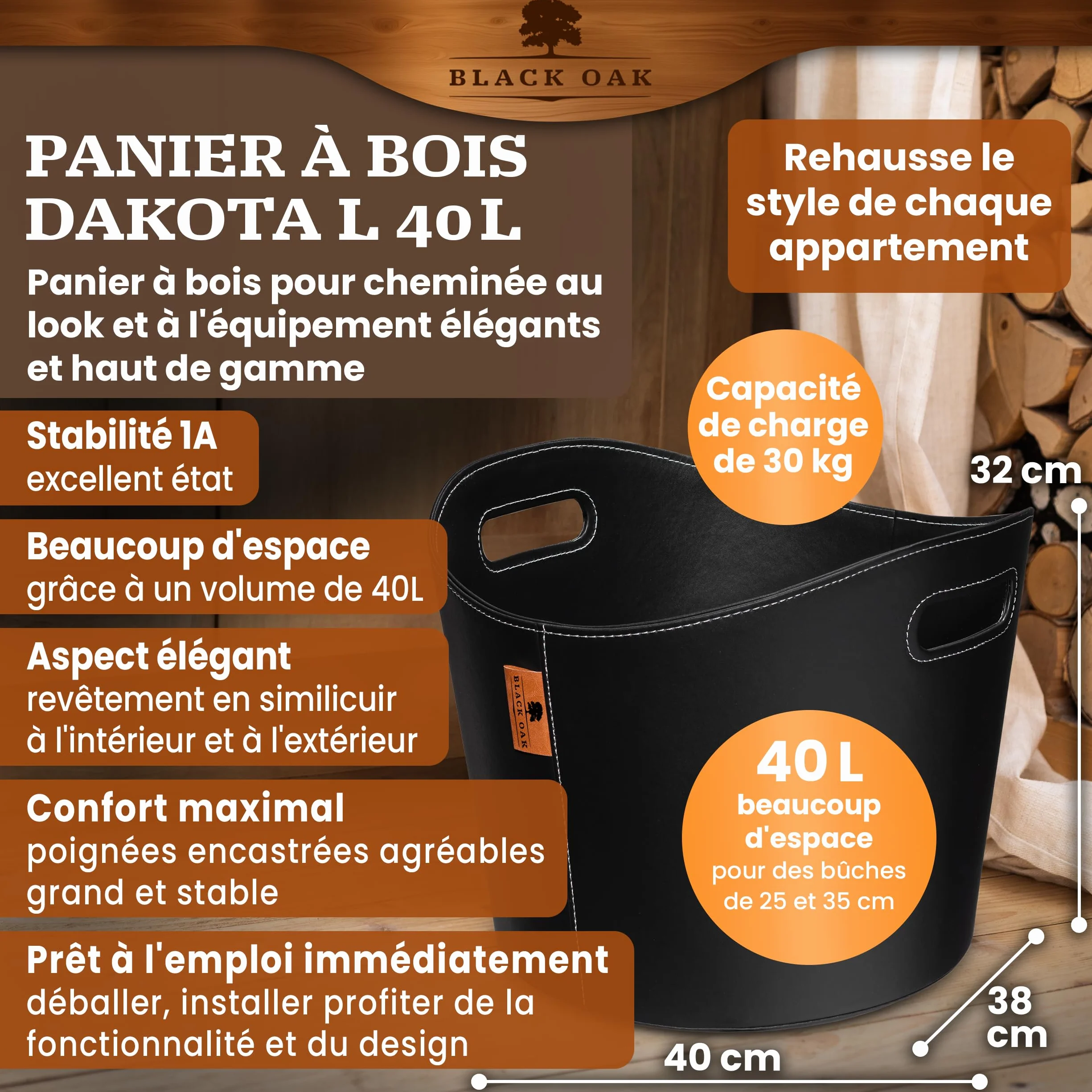 BLACK OAK DAKOTA L 40L Panier pour bois de cheminée en cuir synthétique noir - Capacité de charge 30kg - 40 litres 40x38x32cm - Panier pour bois de cheminée en bois Sac pour bois de chauffage Panier