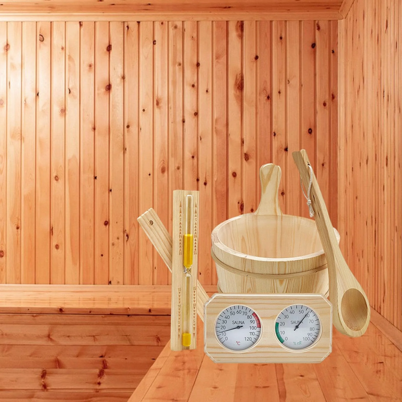MagiDeal Kit Accessoires Sauna, Seau 4 L avec Poignée, Thermomètre Hygromètre, Louche, Sablier, Bois de Pin