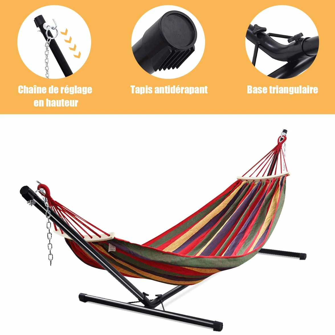 GOPLUS Support de Hamac Universel Patio Portatif Charge Maximale 150 KG Matière en Fer Robuste avec Chaîne de Suspension 325 x 100 x 106 CM Noir pour Jardin Camping Balcon