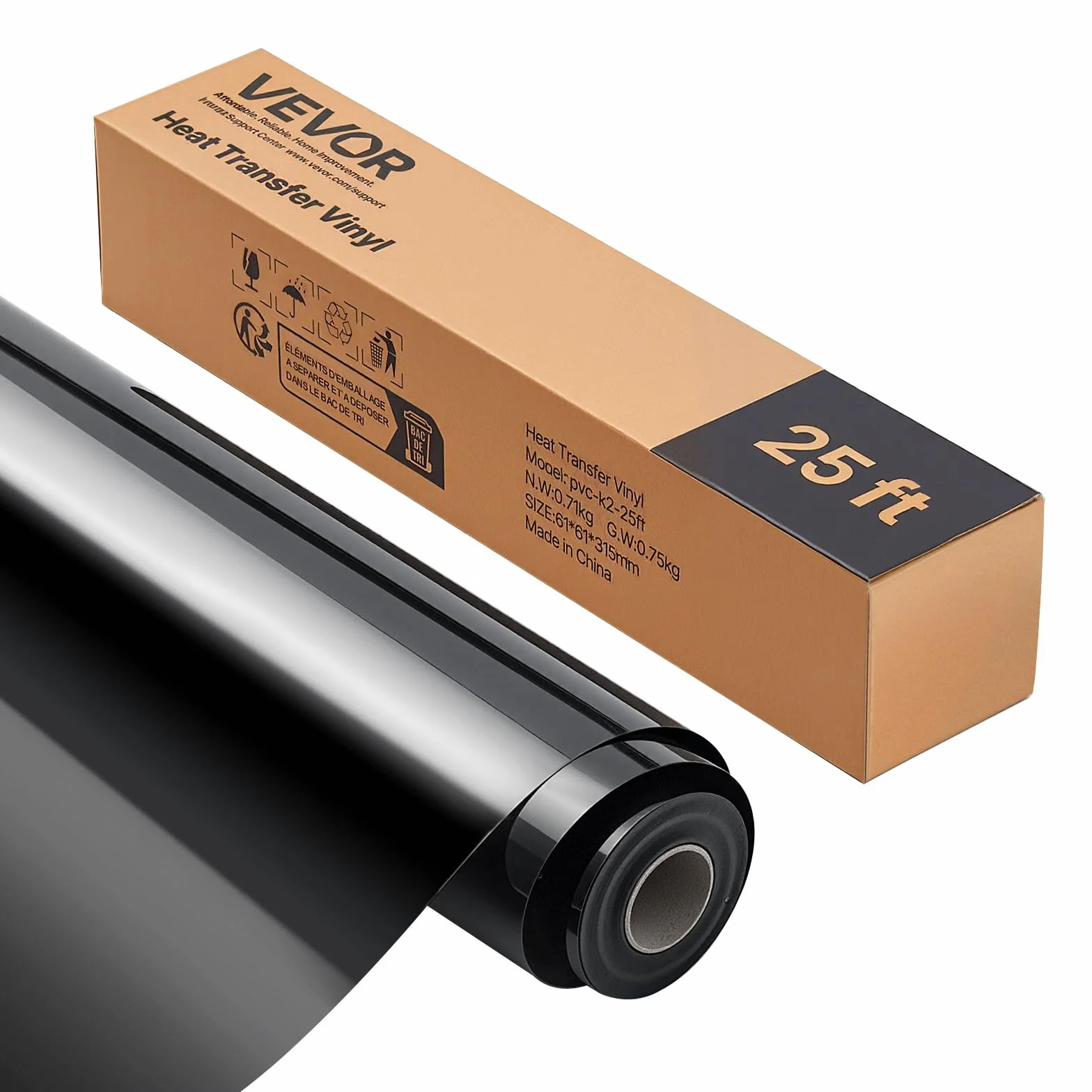 VEVOR Rouleau Vinyle Thermocollant Noir Brillant 30,48x726 cm, Flex HTV Forte Adhérence