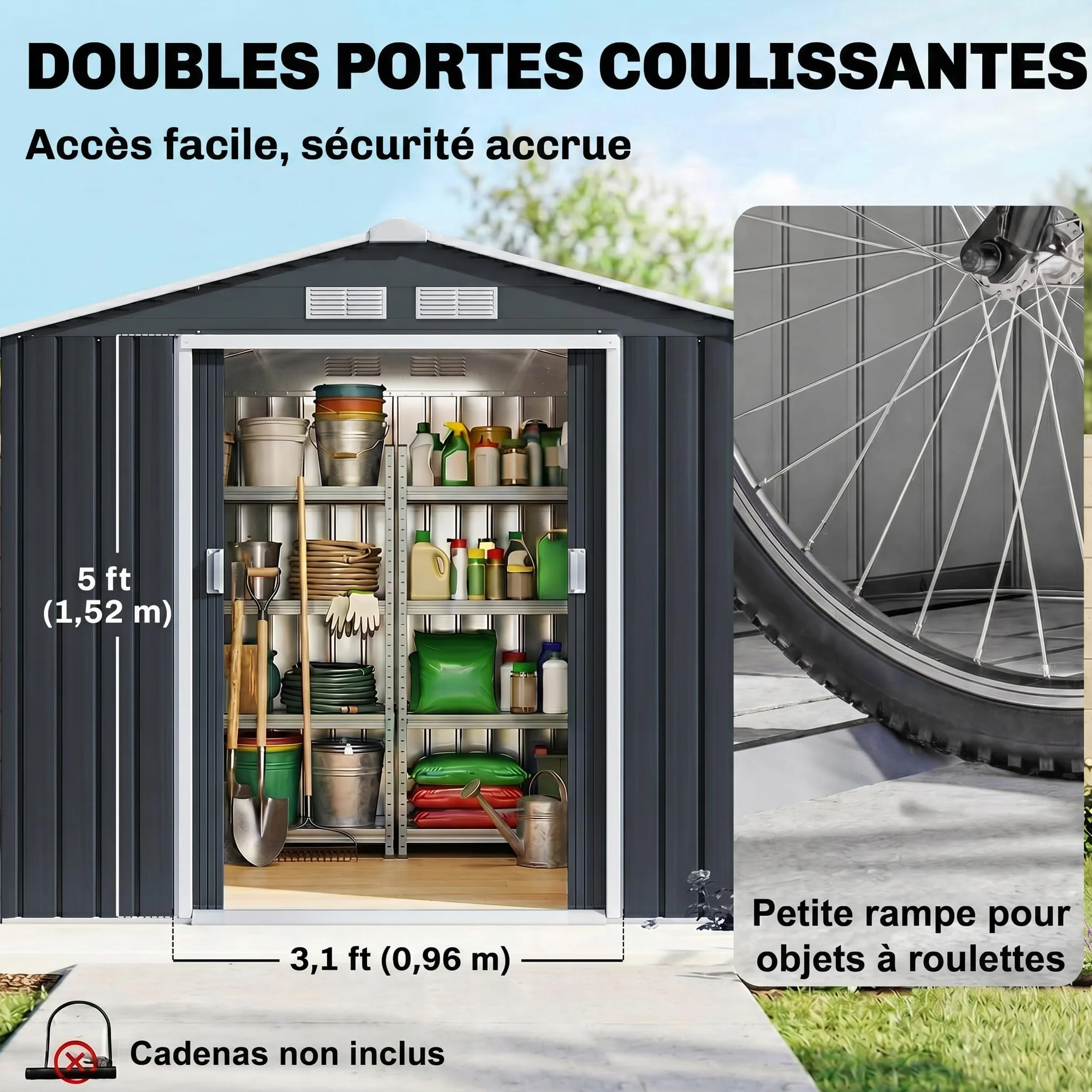 Outsunny Abri de Jardin métal 2,77 m² 213x130x185 cm cabanon Rangement Outils Porte coulissante verrouillable Gris foncé