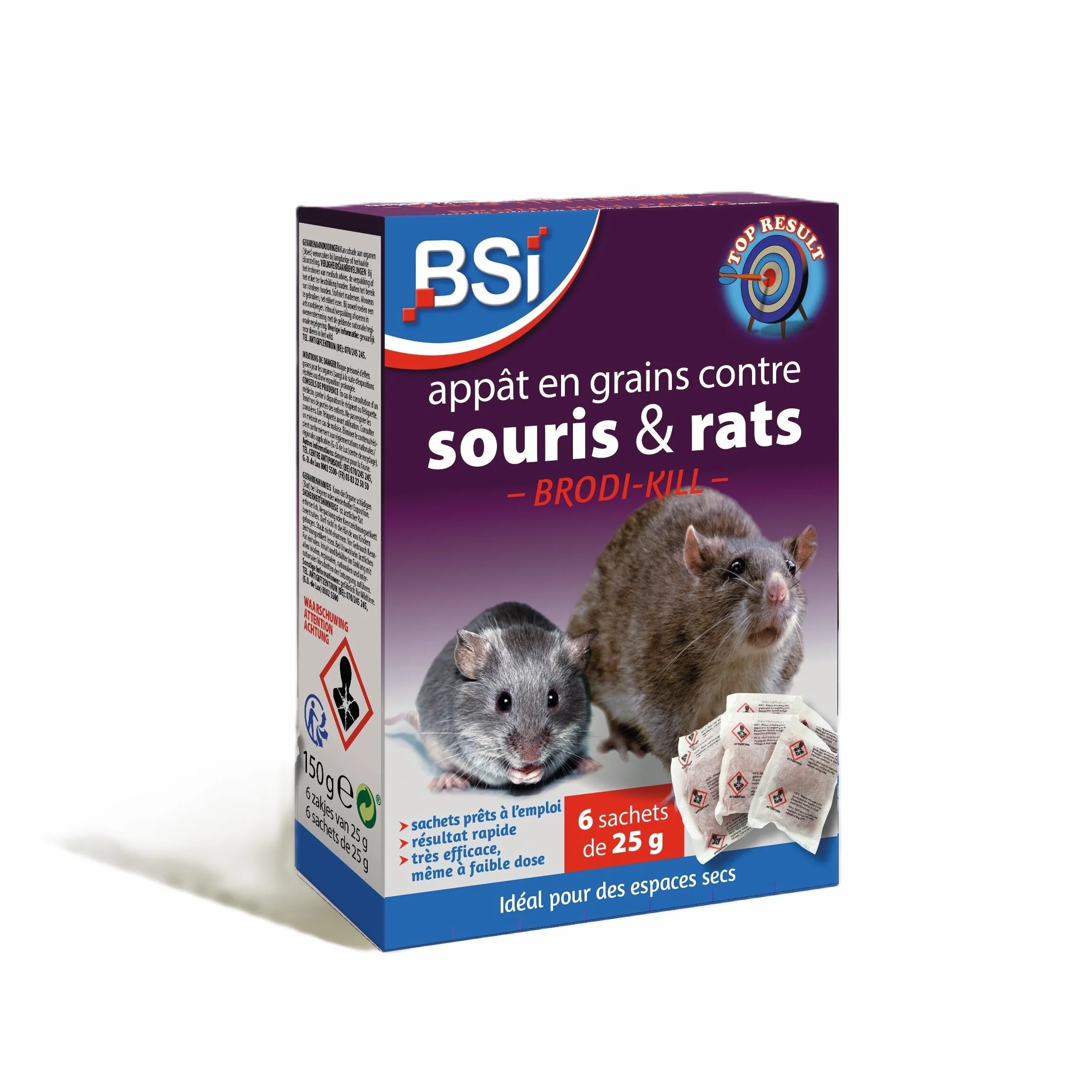 BSI - Anti Rats Et Souris - 150g - Grains - Efficacité Rapide - Radicale - Brodi-Kill Grain - 6x25g - Dernière Génération - pour Et Autour De La Maison - Prêt A l'emploi, Vert