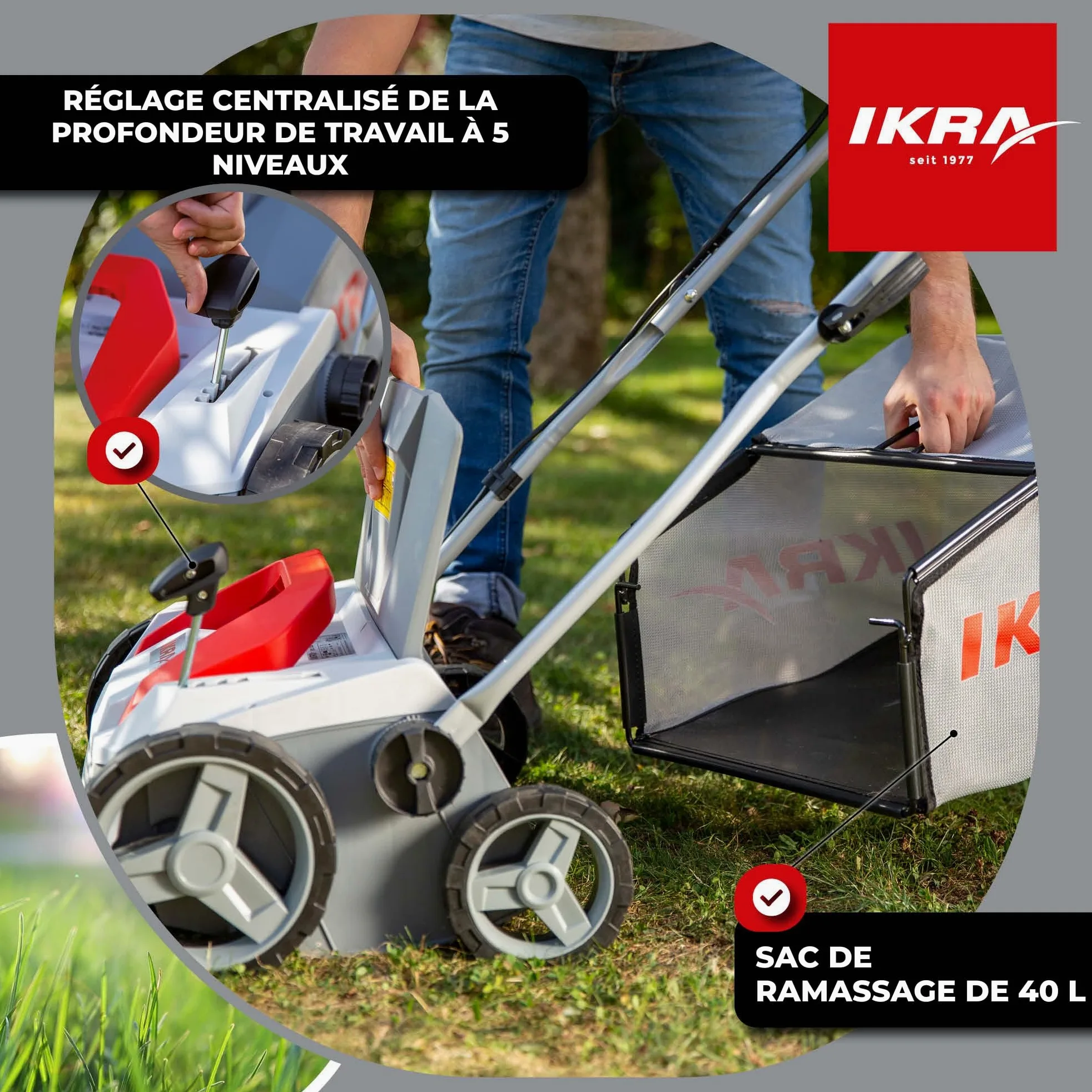 IKRA scarificateur-aérateur électrique IEVL 1838, largeur 38 cm, 1 800 W | Bac de ramassage de 40 l, profondeur de travail de +5 à –12 mm, changement de rouleau sans outil, appareil 2 en 1