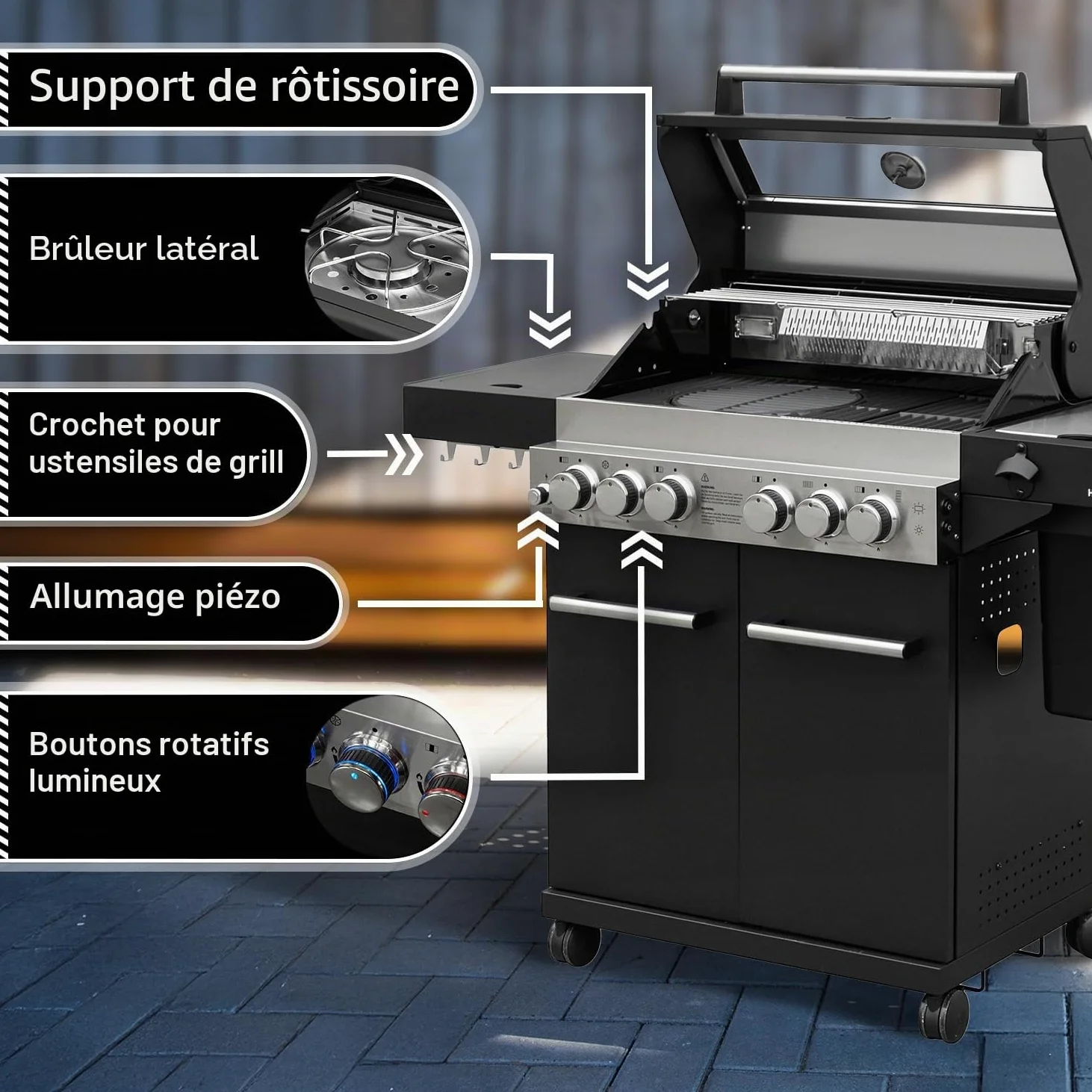 Barbecue à gaz Feuergott Hector 4B-S avec broche rotative et housse de protection avec 4 brûleurs, brûleur Sear, grille en fonte, brûleur arrière, réchaud latéral, fenêtre de visualisation et