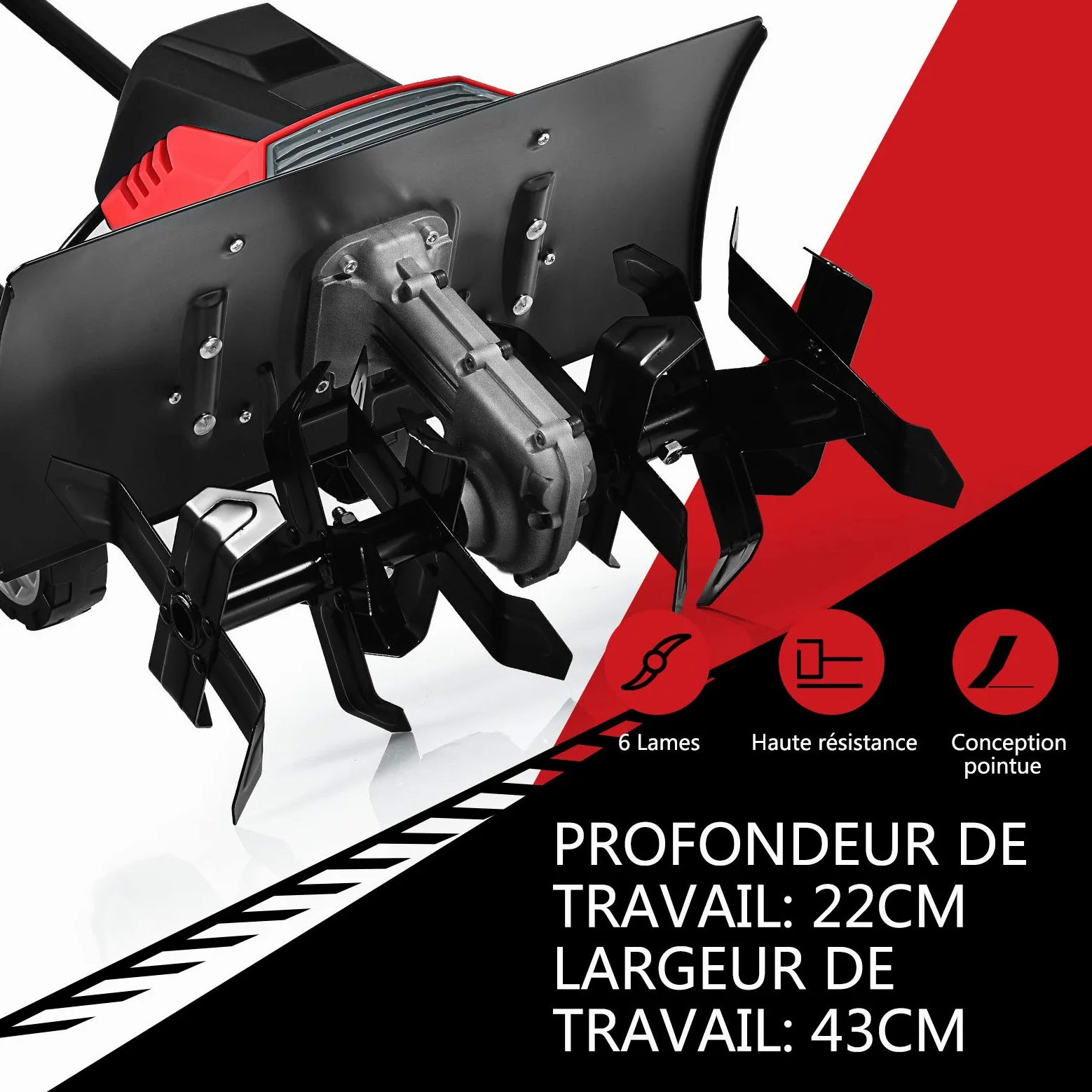 COSTWAY Motobineuse Électrique 1500W Profondeur de Travail 22CM Largeur de 43CM avec Poignée Pliable et Roues Réglables 6 Lames pour Jardinage et Désherbage