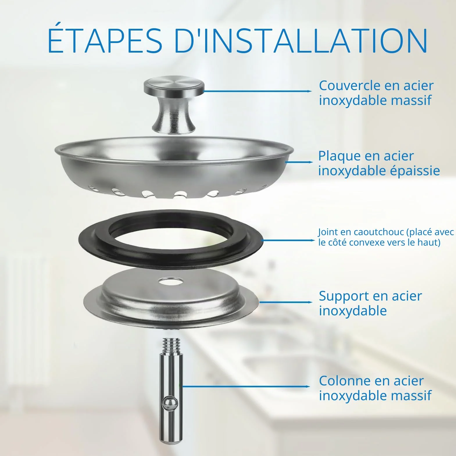 Bouchons Évier Cuisine 80mm INOX avec Grille, Filtre et Joints de Rechange
