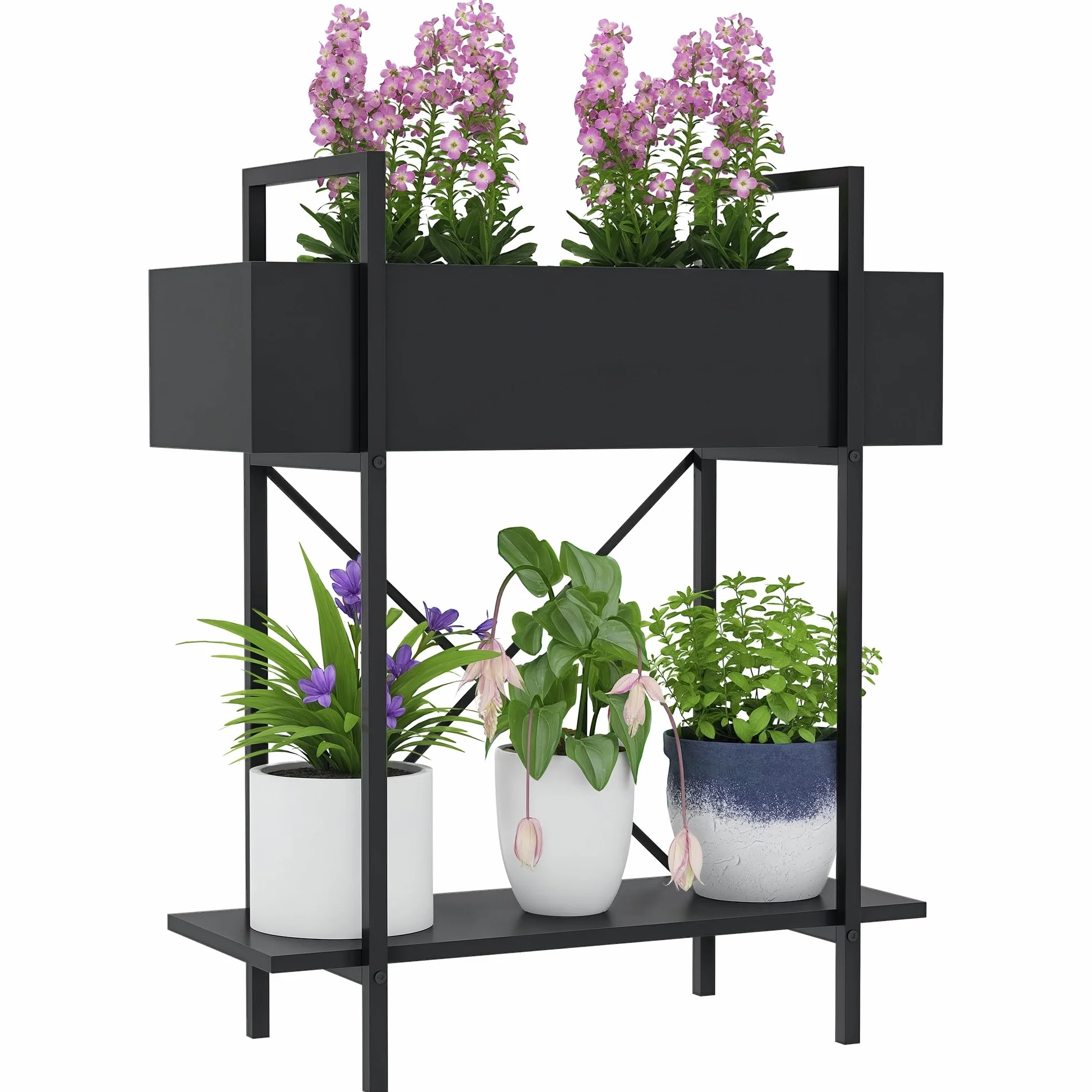 Outsunny Support plantes interieur 2 niveaux, porte plante en métal avec trous de drainage, noir
