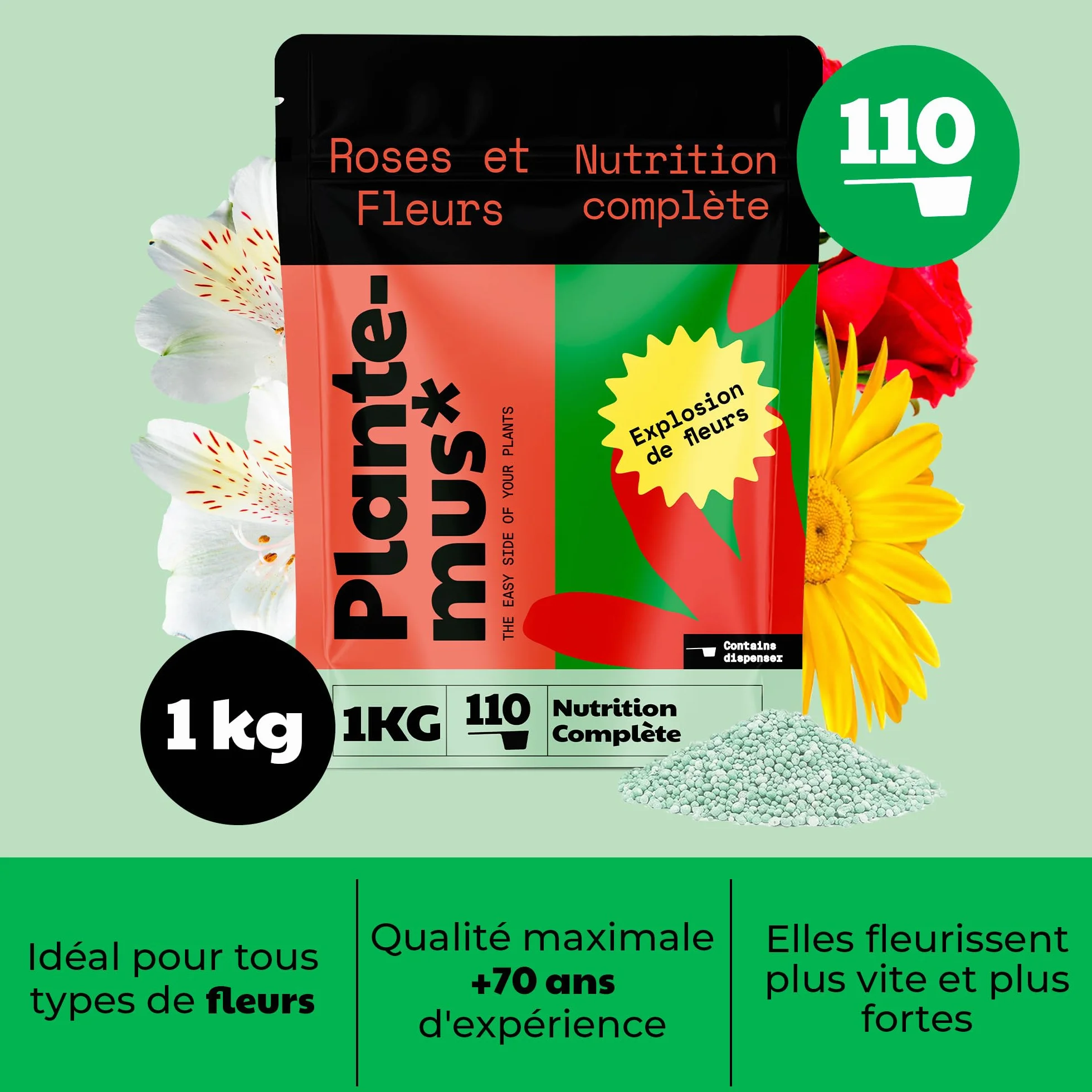 PLANTEMUS Engrais pour Rosiers et Fleurs, idéal pour les Orchidées, Hortensias et tout type de Plantes à Fleurs, Granulé, 1 KG