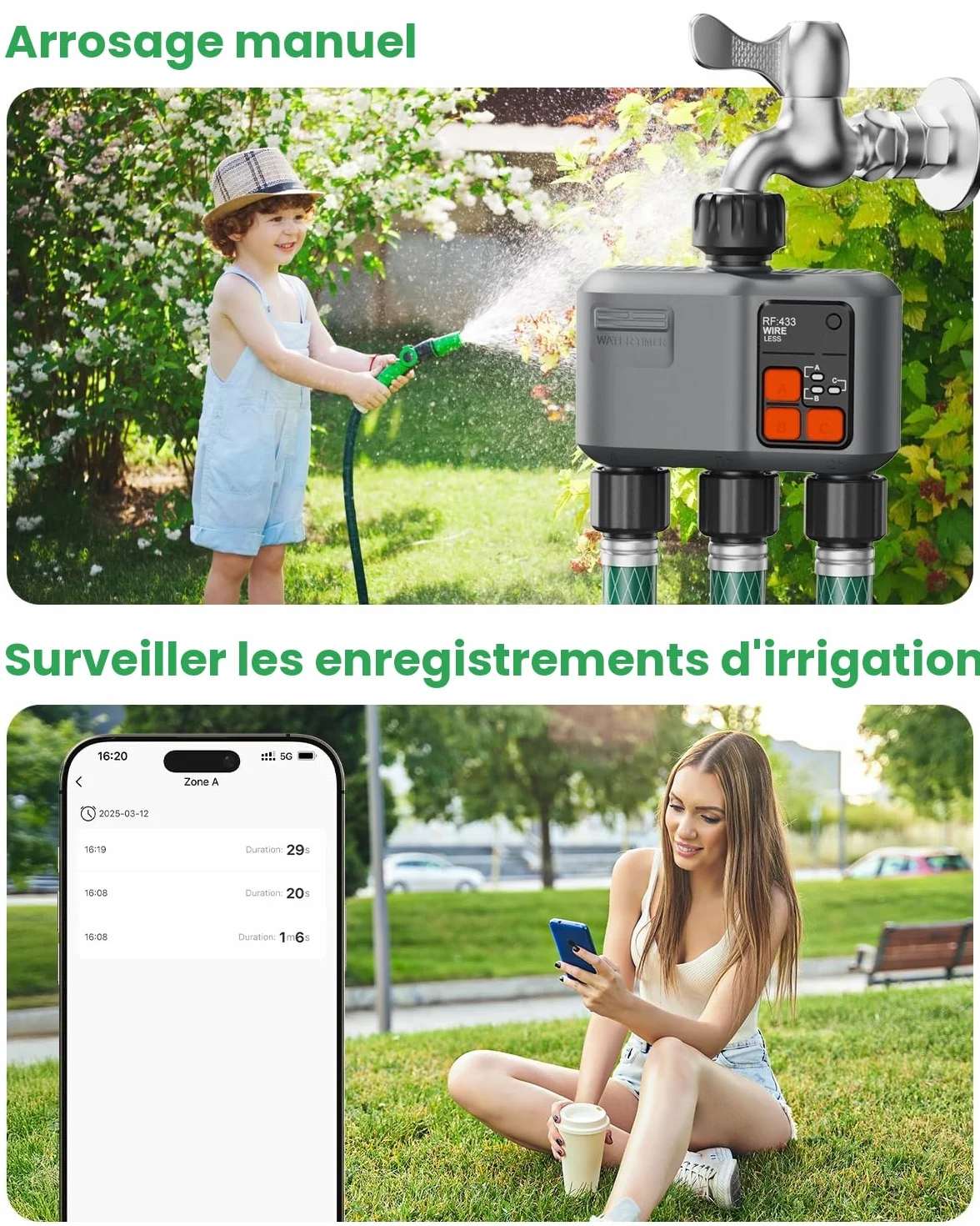 Programmateur Arrosage WiFi 3 Voies avec Passerelle RF 300M, Minuteur Automatique compatible Alexa Google
