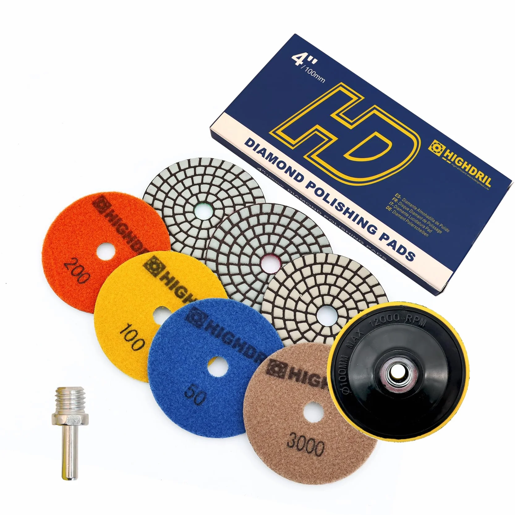 HIGHDRIL Lot de 7 tampons de polissage diamantés secs #50-3000 M14 pour marbre granit