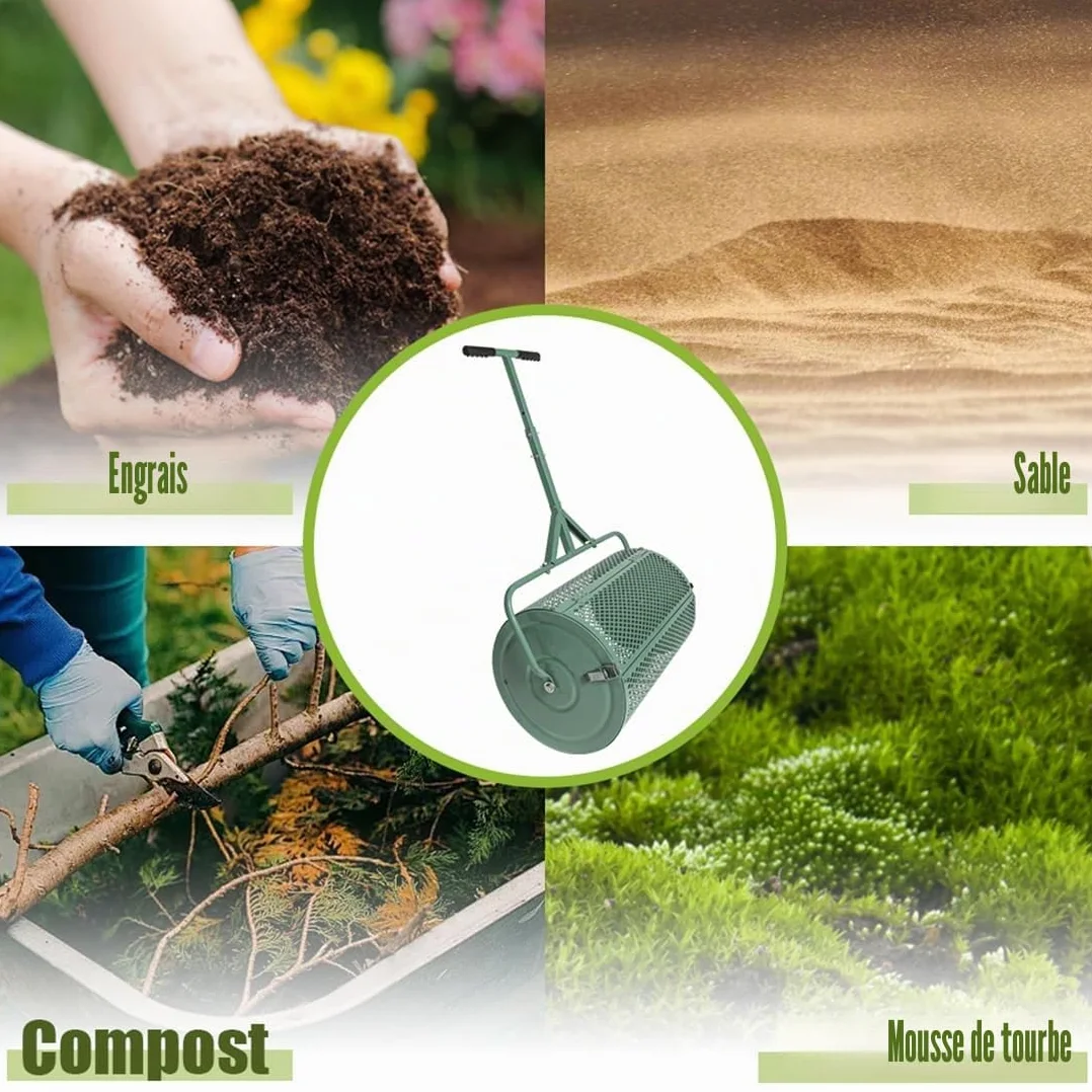 Épandeur de compost 75 l polyvalent - Filet en métal - Épandeur d'engrais - Rouleau - Semences - Pelouse - Mousse de tourbe - Vert