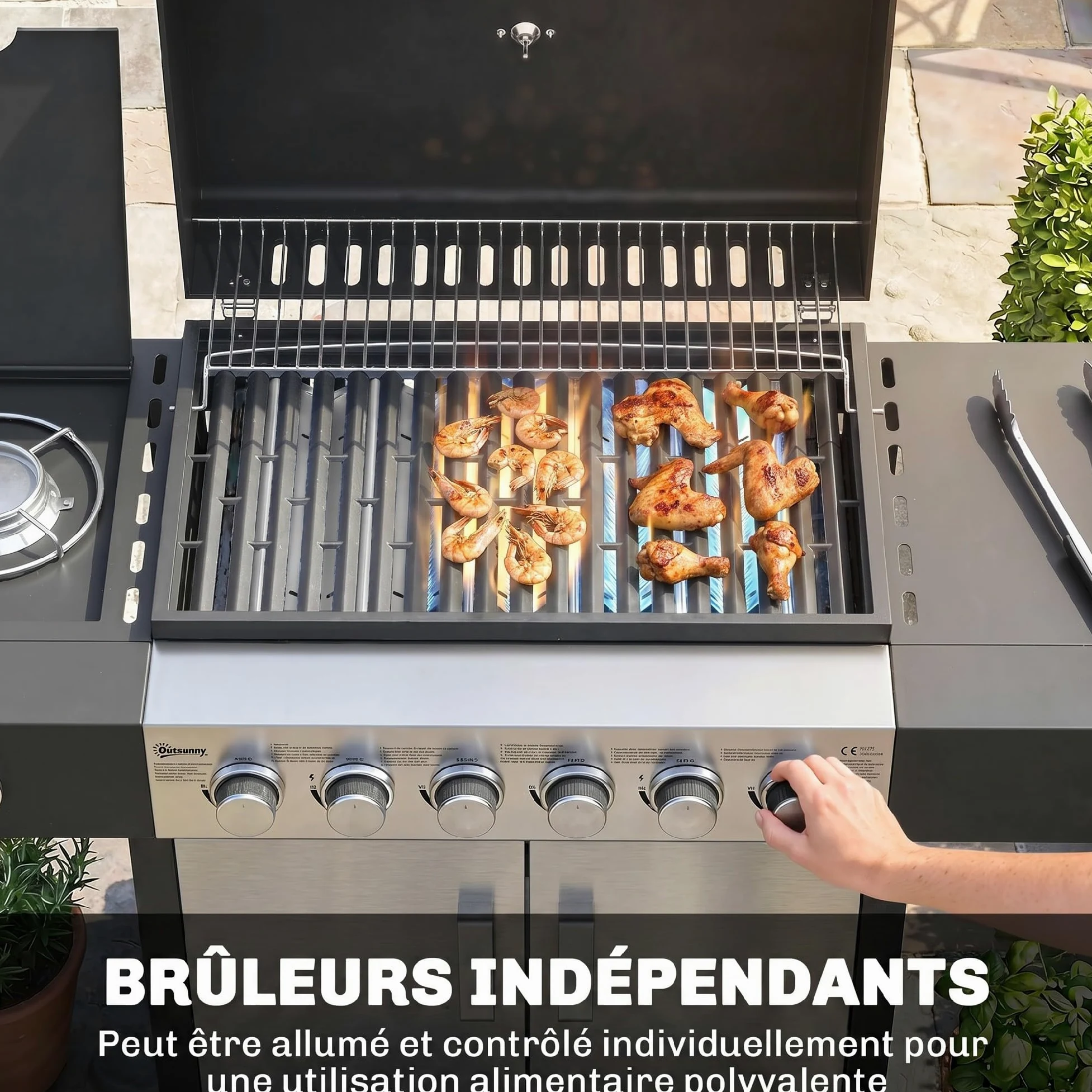 Outsunny Barbecue à gaz 6+1 brûleurs chariot portable avec roues, grille de maintien au chaud, thermomètre intégré, étagères latérales, placard et couvercle Noir