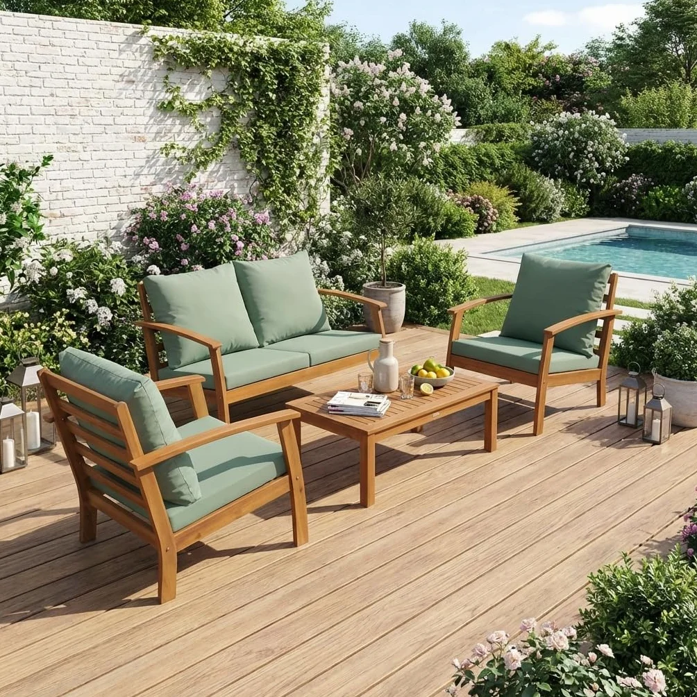 Alice's Garden Salon de Jardin en Bois 4 Places Ushuaïa Coussins Vert de Gris Table Basse Acacia Design