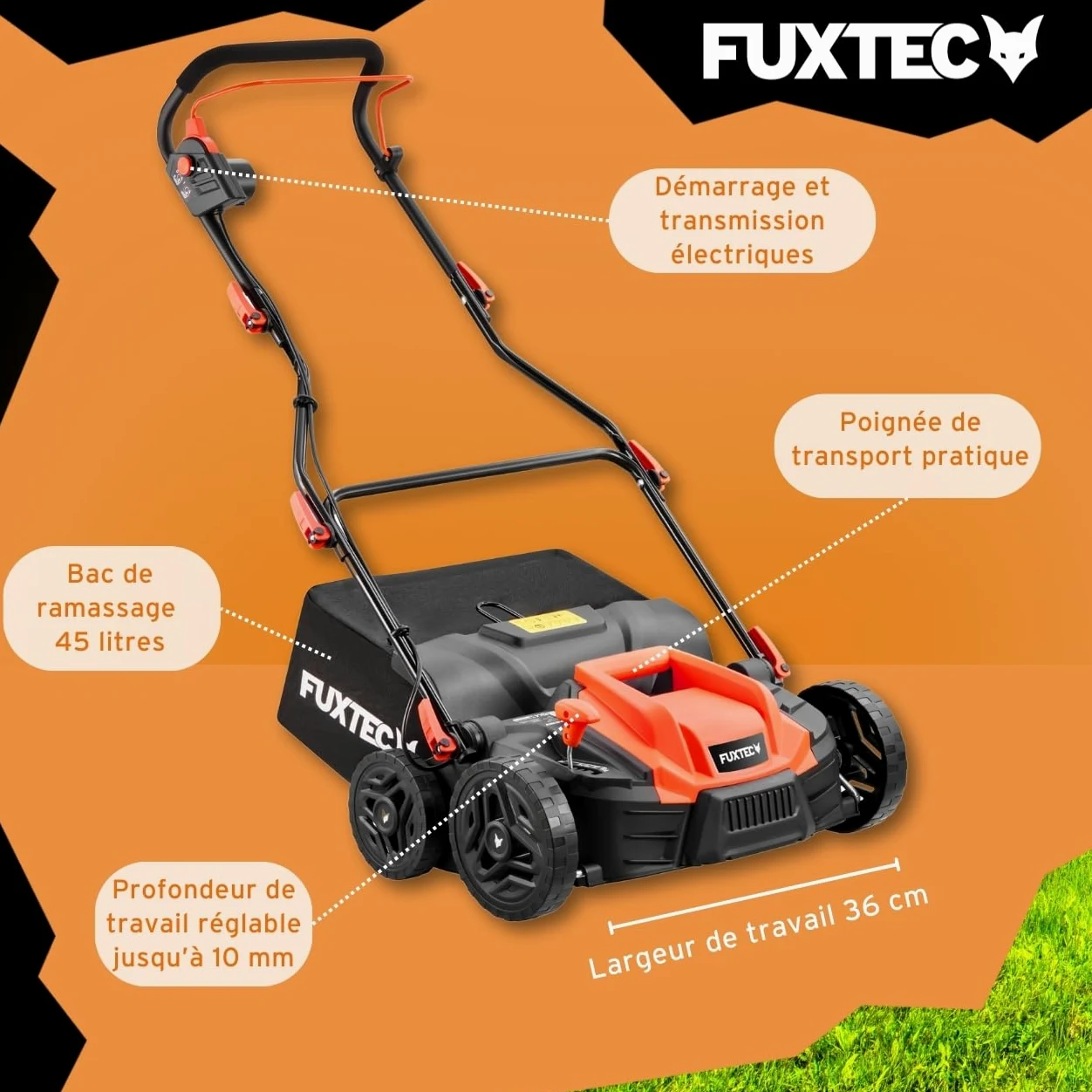FUXTEC Scarificateur électrique FX-EV360, aérateur de gazon avec 1500 watts de puissance, largeur de travail 36 cm et réglage de la profondeur sur 5 niveaux, bac de ramassage 45 L