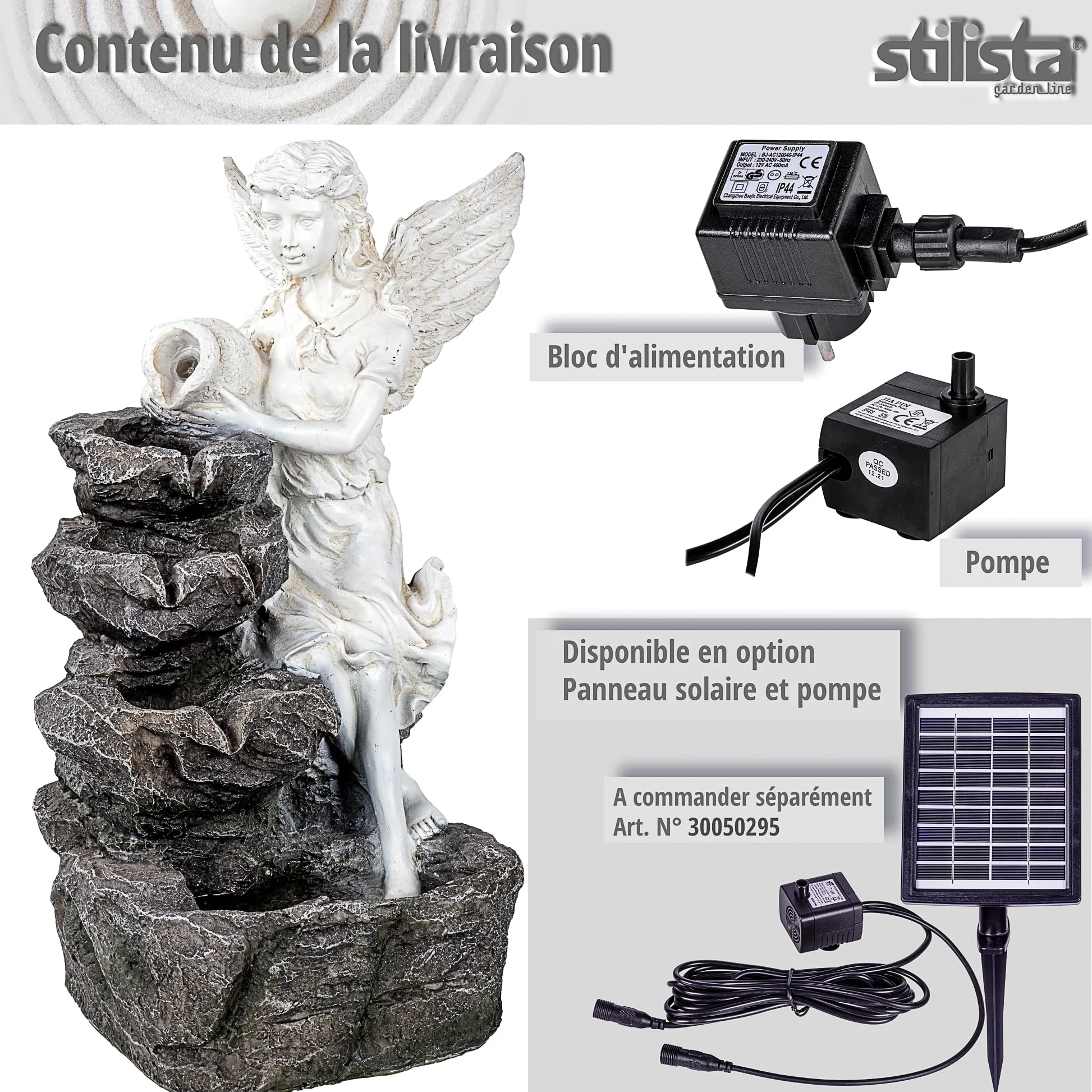 STILISTA Fontaine de Jardin Ange 49 x 35 x 32 cm, avec éclairage LED, Pompe Incluse