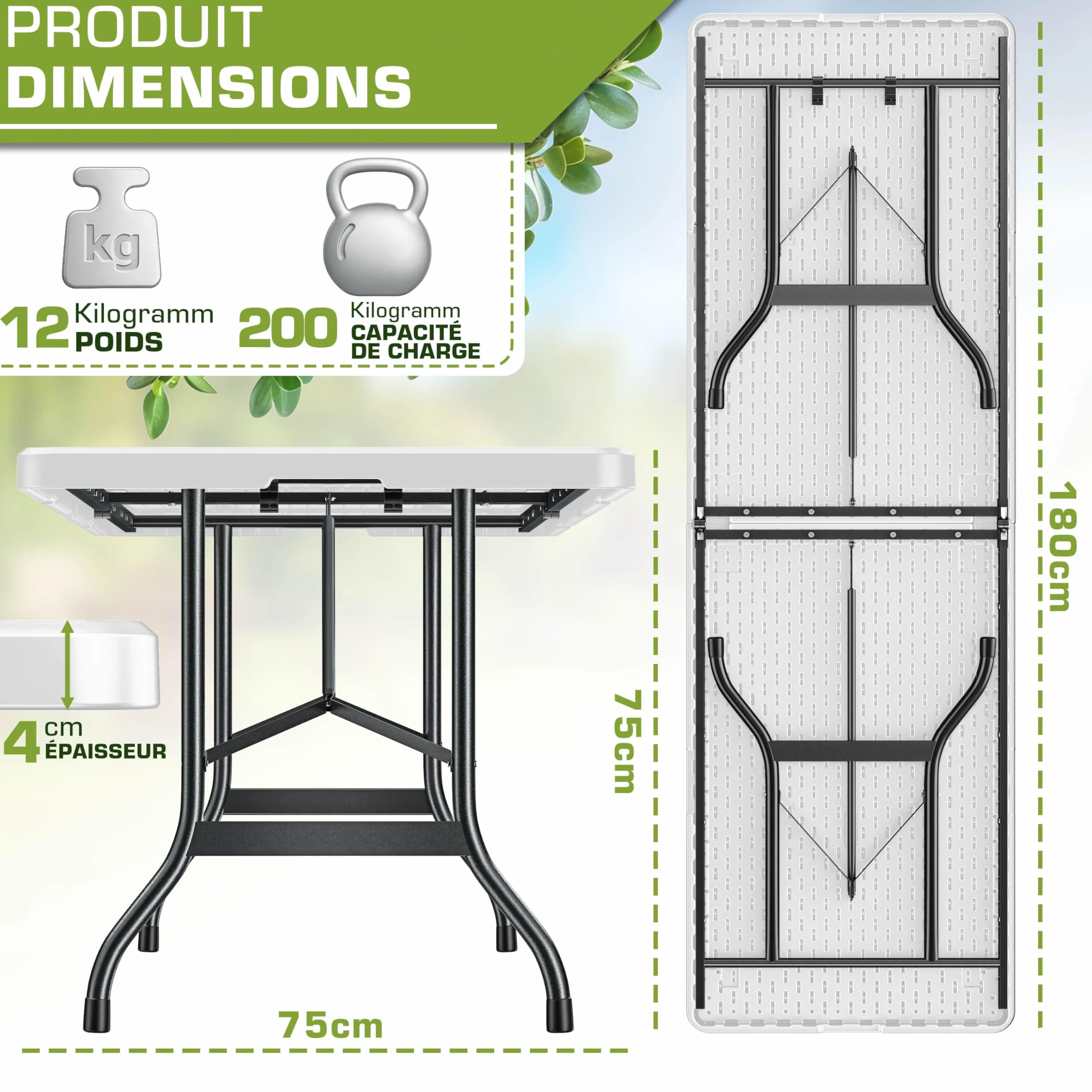 Tillvex Table de Jardin Pliante en Plastique 180x75 cm avec Poignée 8 Personnes