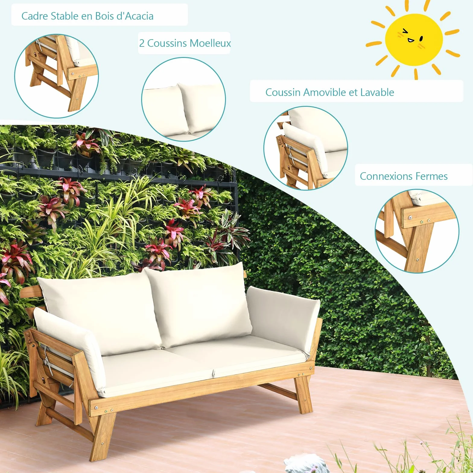 GOPLUS Canapé Lit de Jardin Extensible 2 Places Charge 320 KG, Accoudoirs Réglables, Coussins & Dossier Amovibles, Cadre en Bois d’Acacia Massif, pour Terrasse, Balcon, Parc, Patio (Blanc)