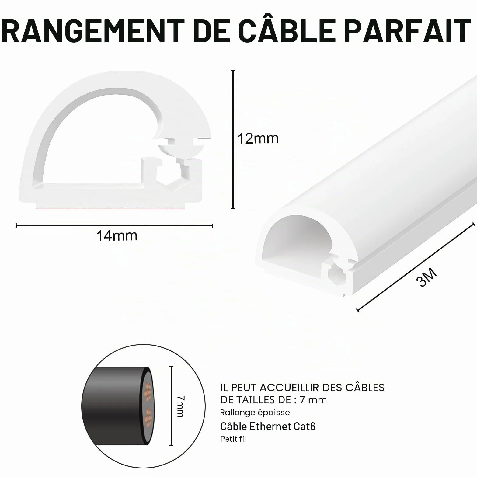 Goulotte Passe Cable Blanc 3M Auto-adhésif PVC Cache Câble Sol Demi Rond TV Mural