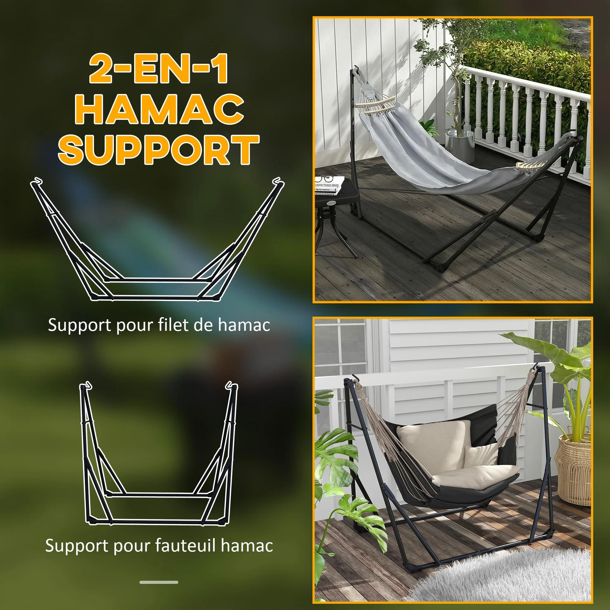 Outsunny Support Hamac Pliable Acier 2 en 1 Chaise Suspendue Sac Transport Inclus 268x89x100 cm Gris