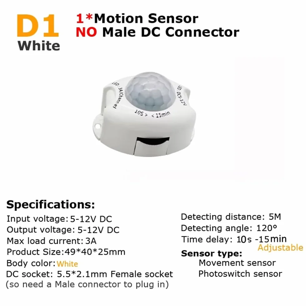 Interrupteur de Lumière à Capteur de Mouvement 12V, PIR, Minuterie 5V DC