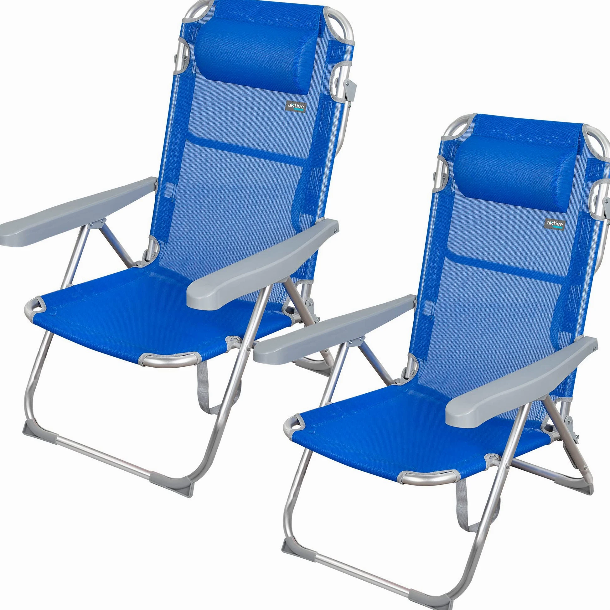 AKTIVE Beach - Lot de 2 Chaises de Plage Pliantes Gomera, Multipositions avec Dossier Réglable, Coussin, Protections Anti-Renversement et Poignée de Transport, 48 X 60 X 90 cm, Bleu