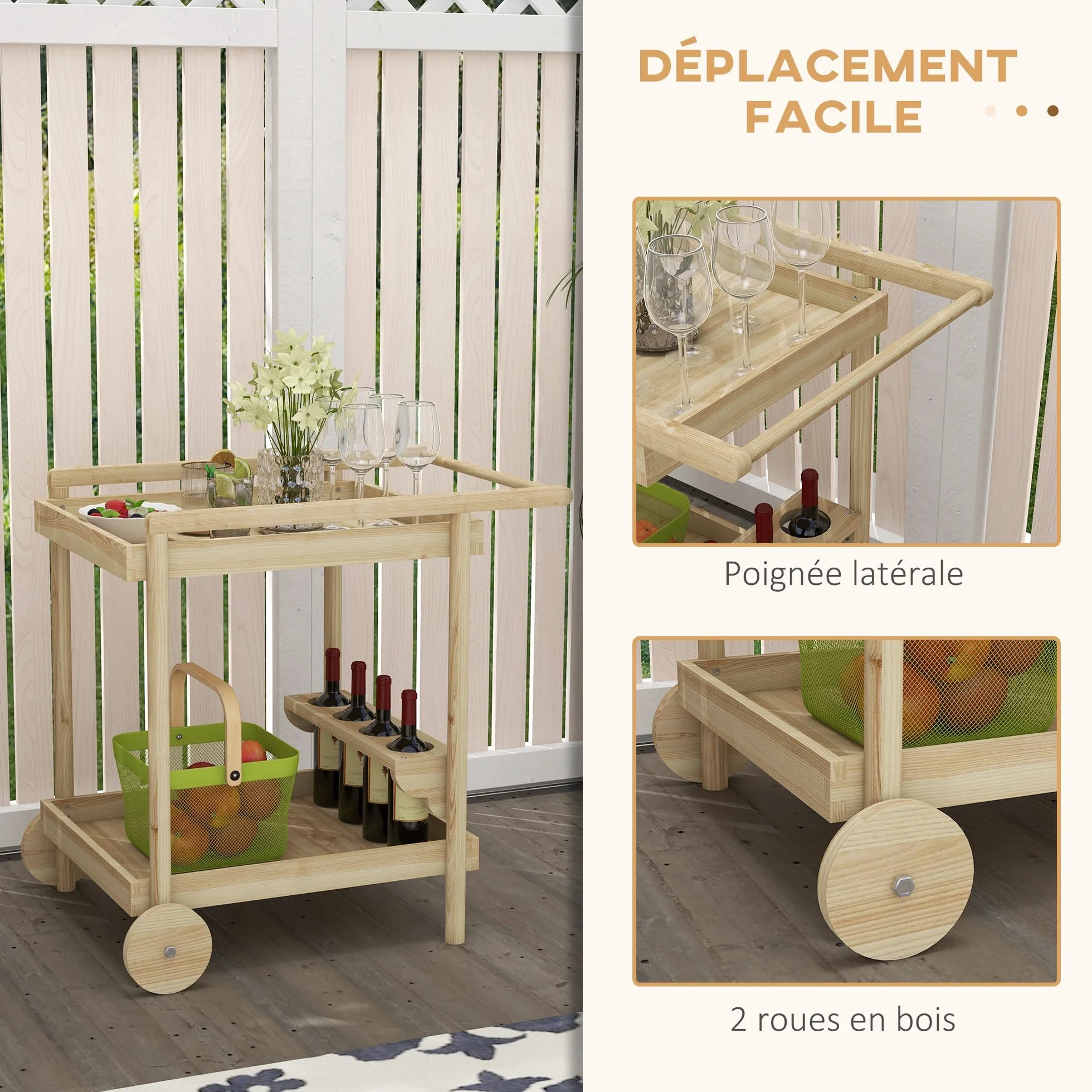 Outsunny Desserte de Jardin Chariot Barbecue en Bois 78x58,5x75 cm