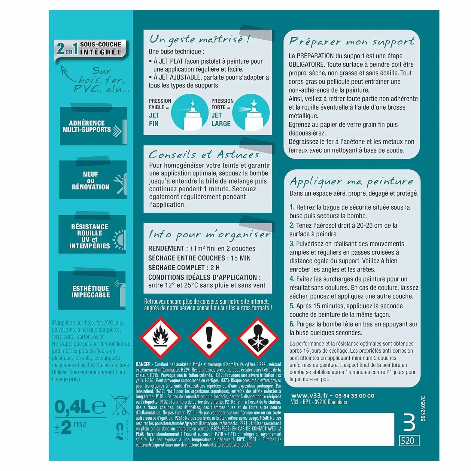 V33 Aérosol Peinture Extérieure Multi-matériaux Antirouille RAL 7016 Anthracite Poudré 400ml