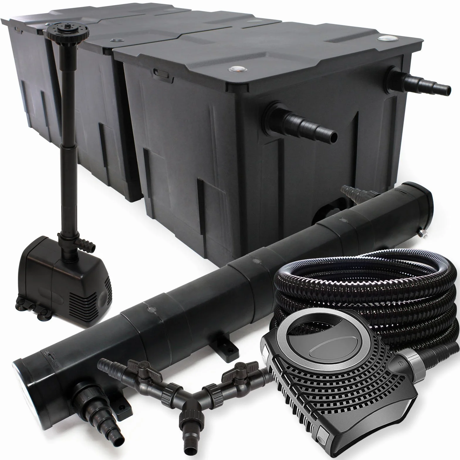 SunSun Kit complet Filtre de bassin CBF-350C 90000L NEO10000 10000l/h 80W CUV-272 UV 72W 25m Tuyau 25mm HJ-943 fontaine 800l/h 16W
